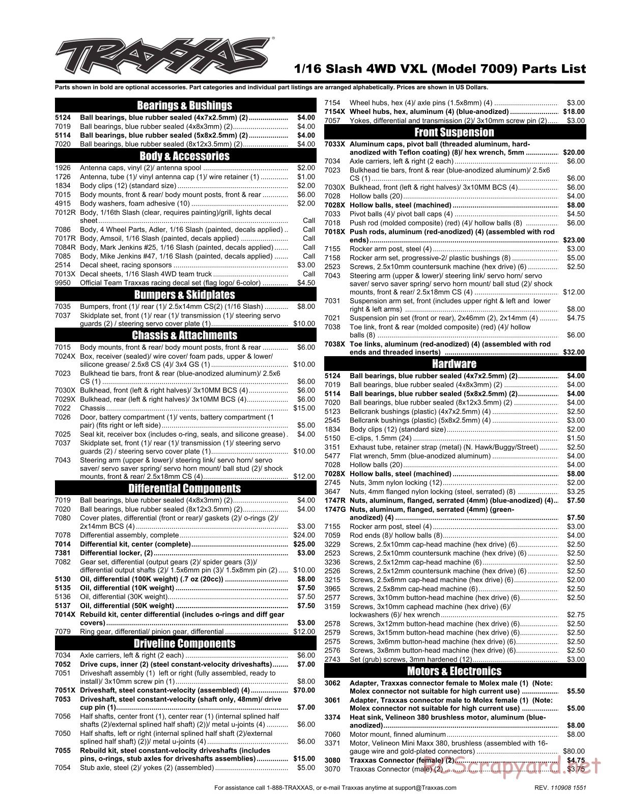 Traxxas - 1/16 Slash 4x4 VXL (2011) - Parts List - Page 1