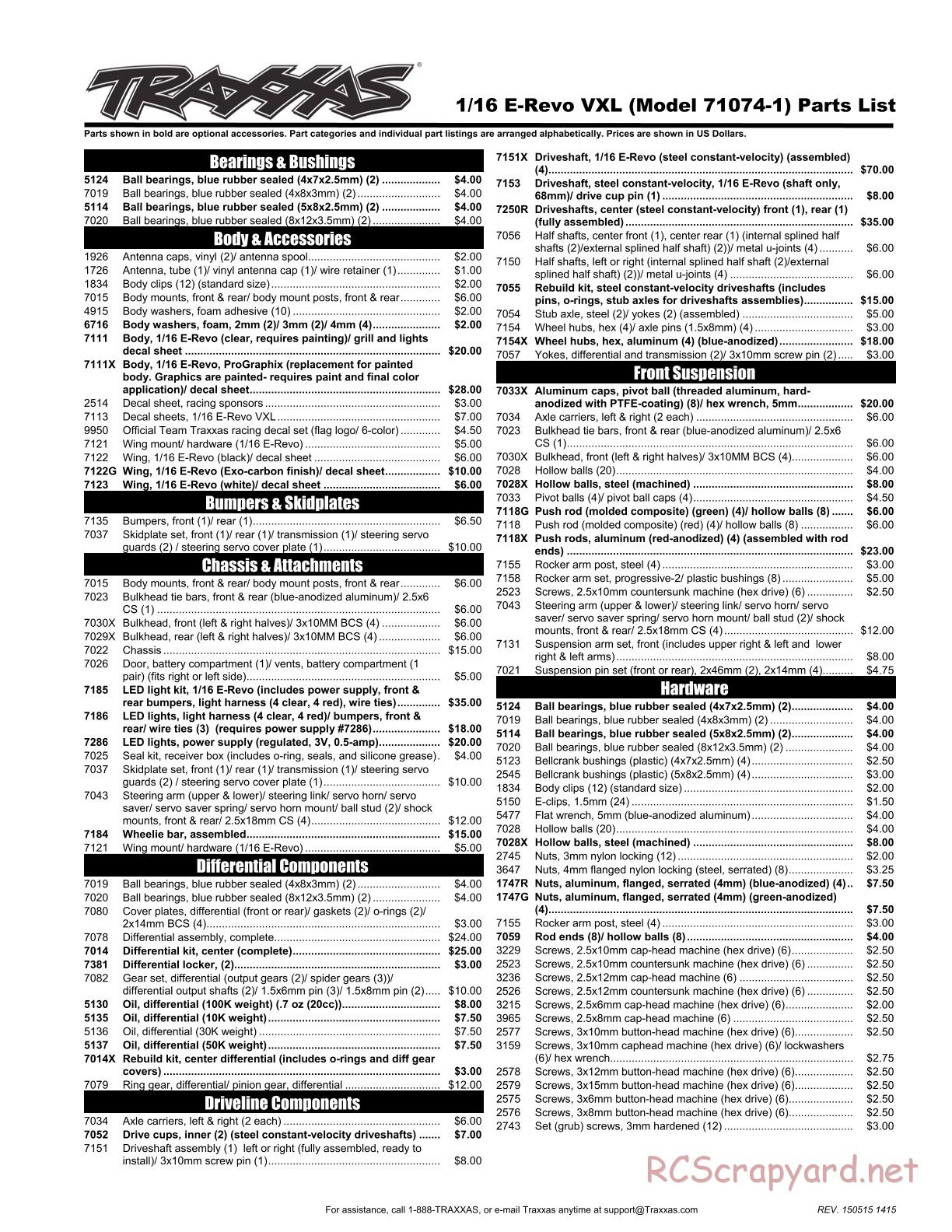 Traxxas - 1/16 E-Revo VXL (2015) - Parts List - Page 1