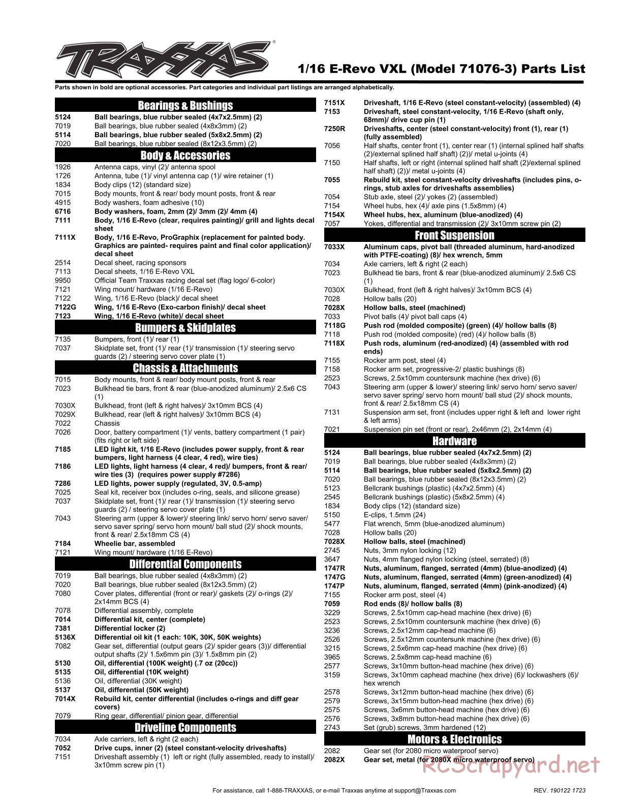 Traxxas - 1/16 E-Revo VXL TSM - Parts List - Page 1