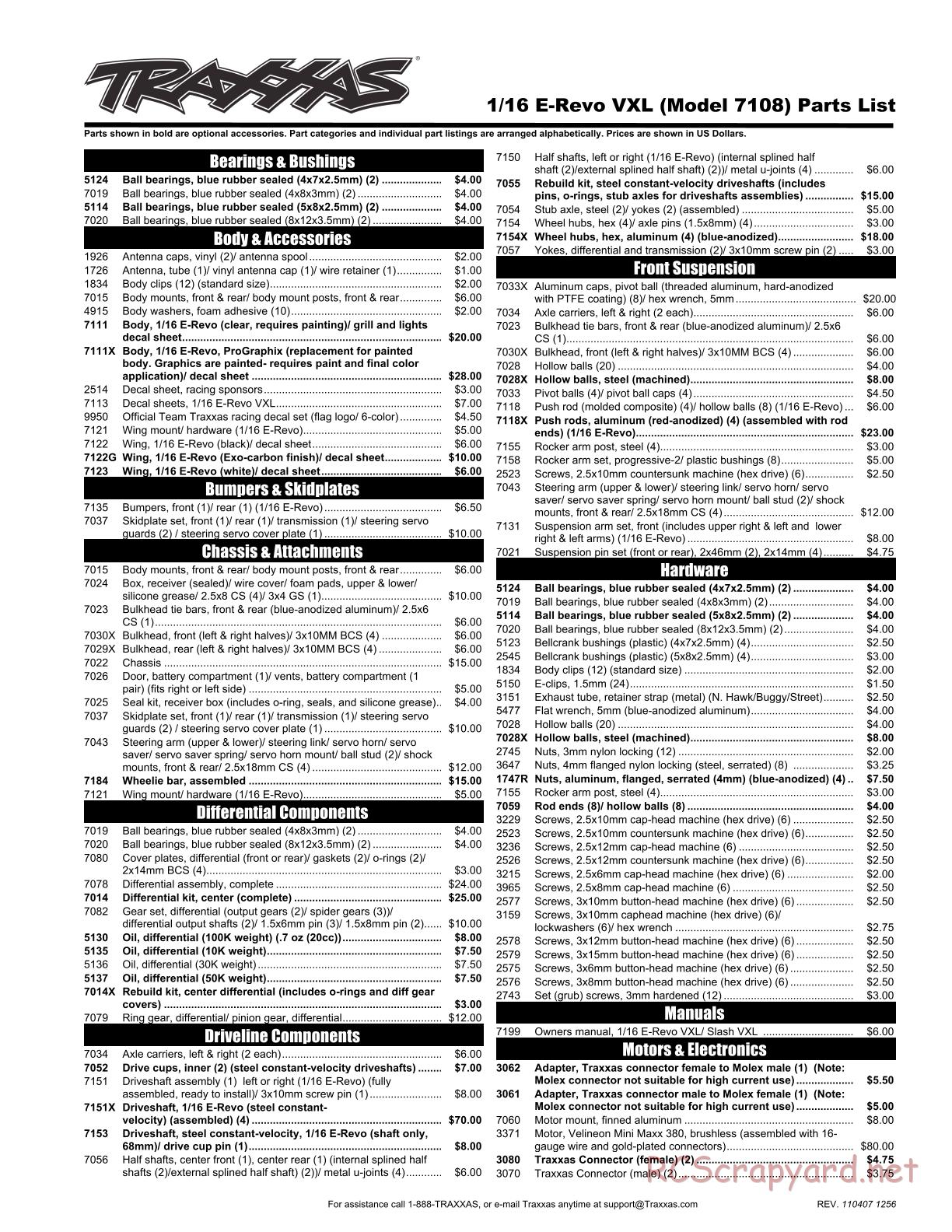 Traxxas - 1/16 E-Revo VXL (2009) - Parts List - Page 1