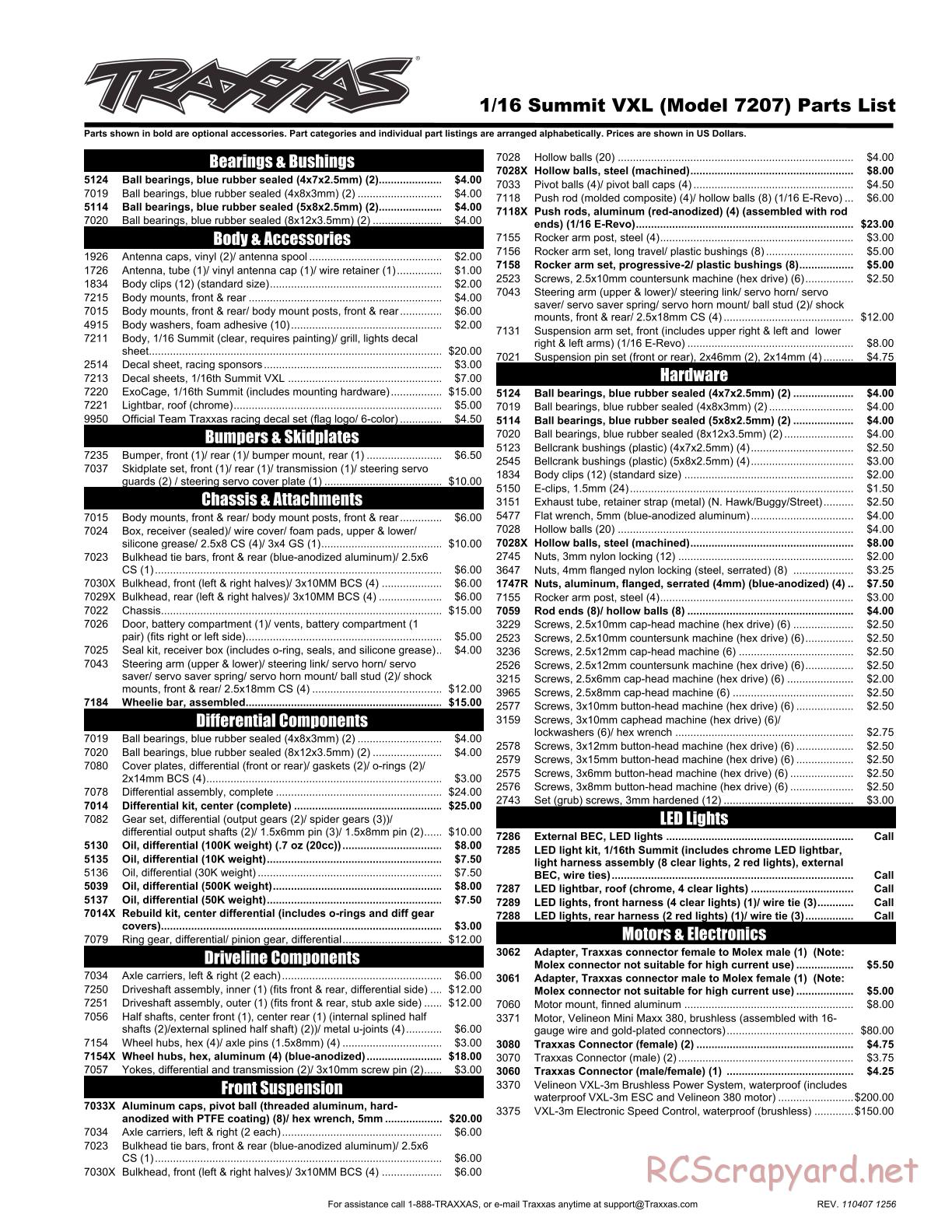 Traxxas - 1/16 Summit VXL (2010) - Parts List - Page 1