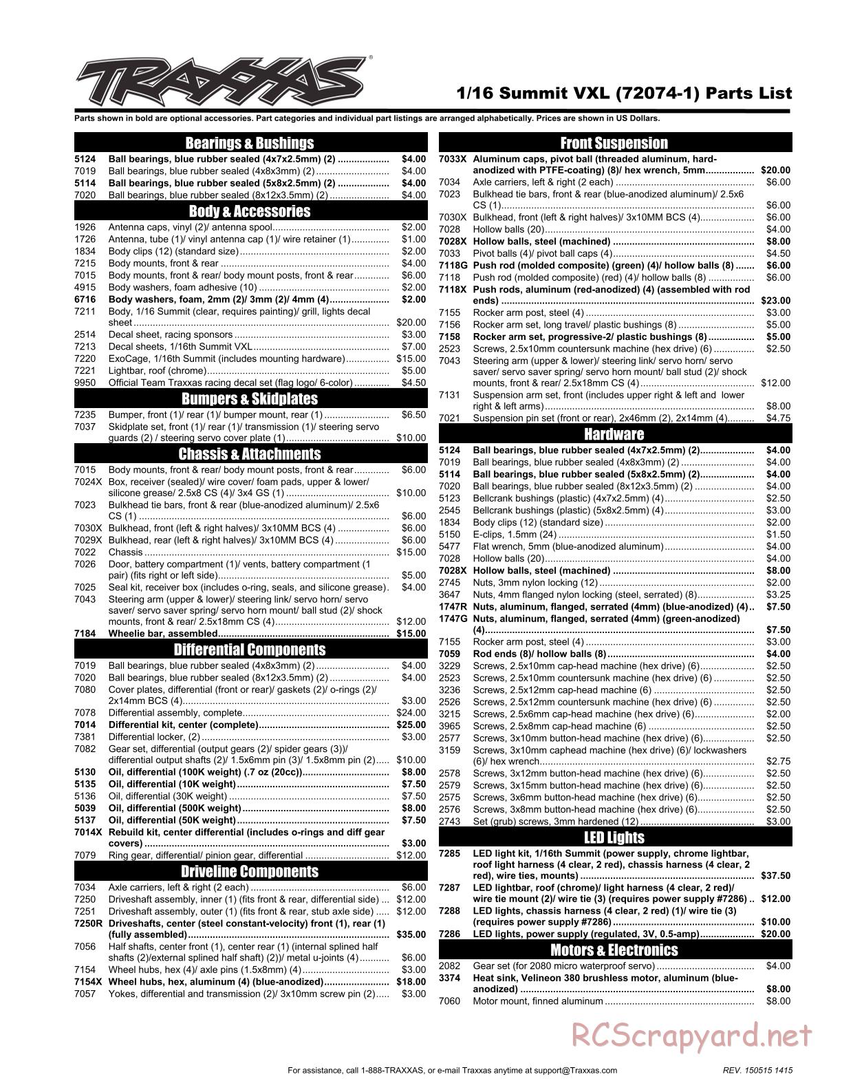 Traxxas - 1/16 Summit VXL (2015) - Parts List - Page 1