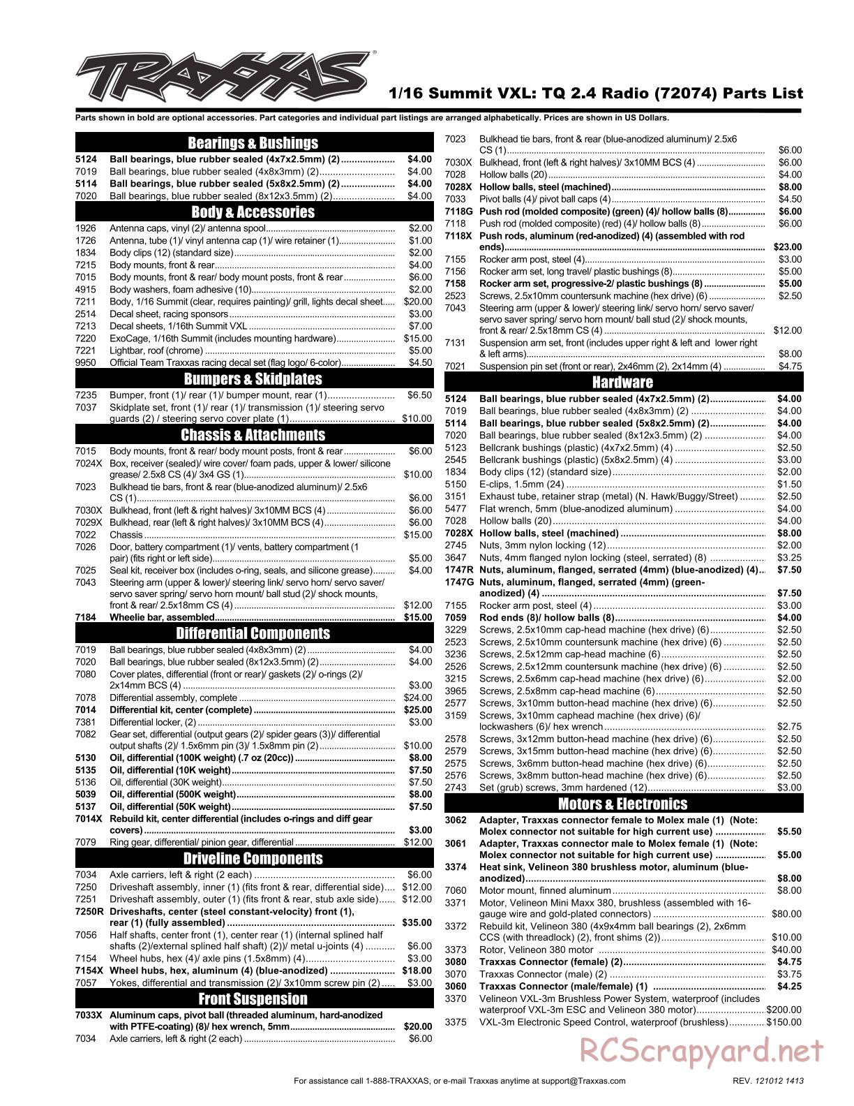 Traxxas - 1/16 Summit VXL (2012) - Parts List - Page 1