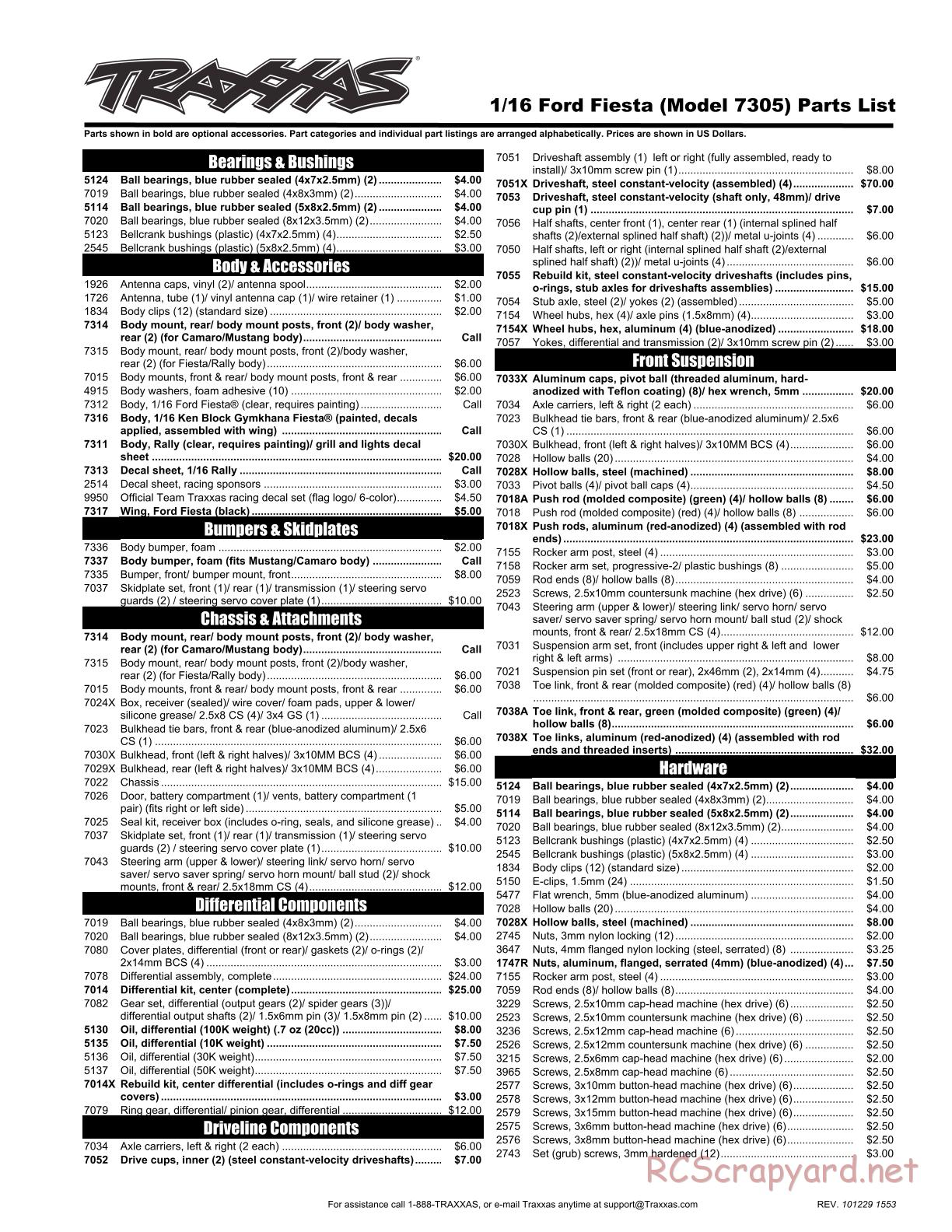 Traxxas - 1/16 Ford Fiesta (2011) - Parts List - Page 1