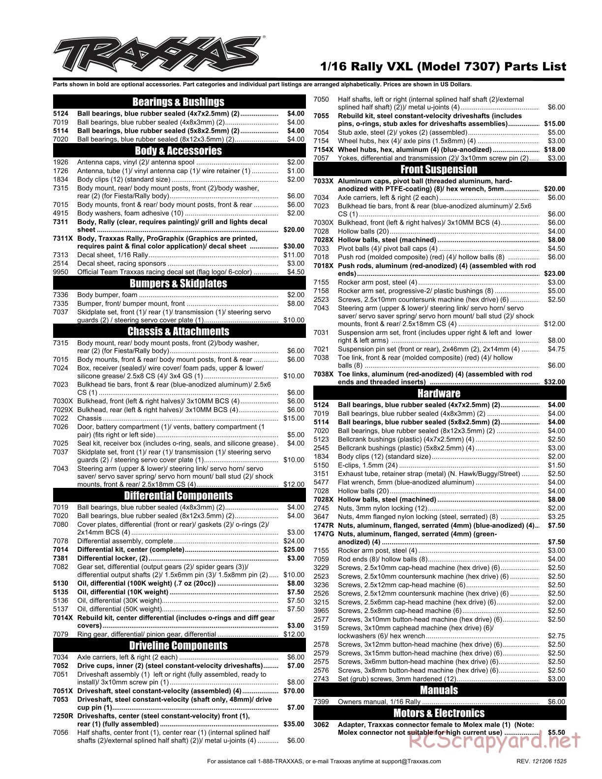 Traxxas - 1/16 Rally VXL (2010) - Parts List - Page 1