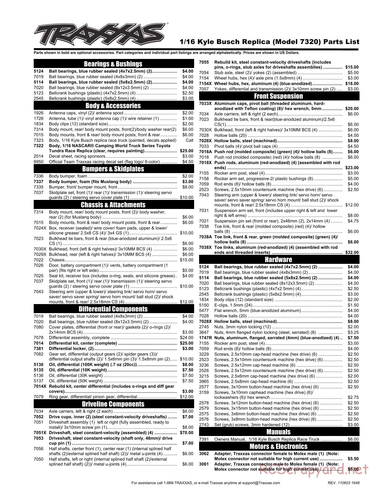 Traxxas - 1/16 Kyle Busch Race Replica (2011) - Parts List - Page 1