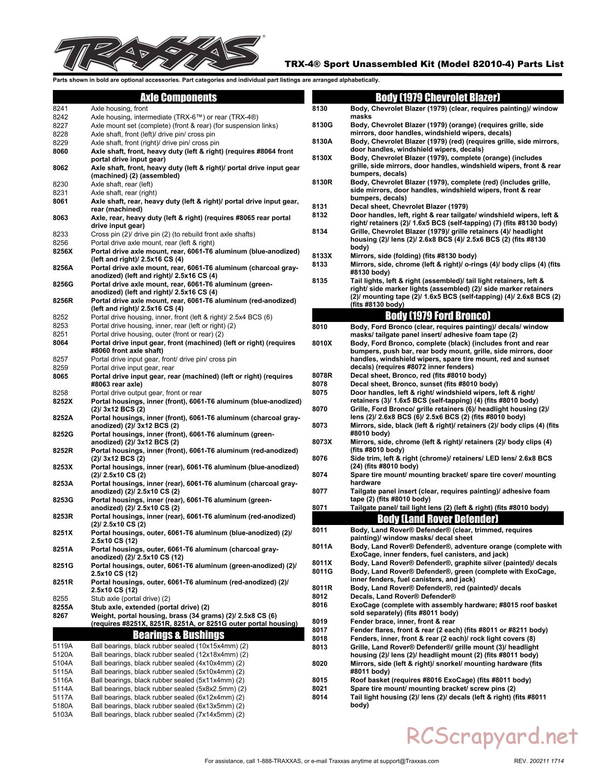 Traxxas - TRX-4 Sport - Parts List - Page 1