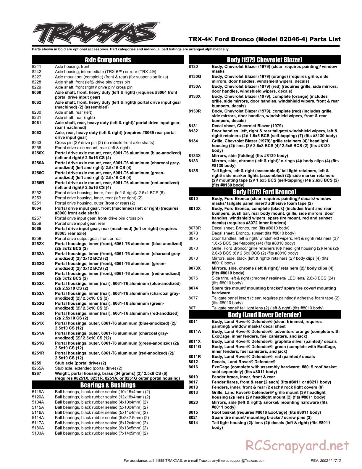 Traxxas - TRX-4 Ford Bronco - Parts List - Page 1