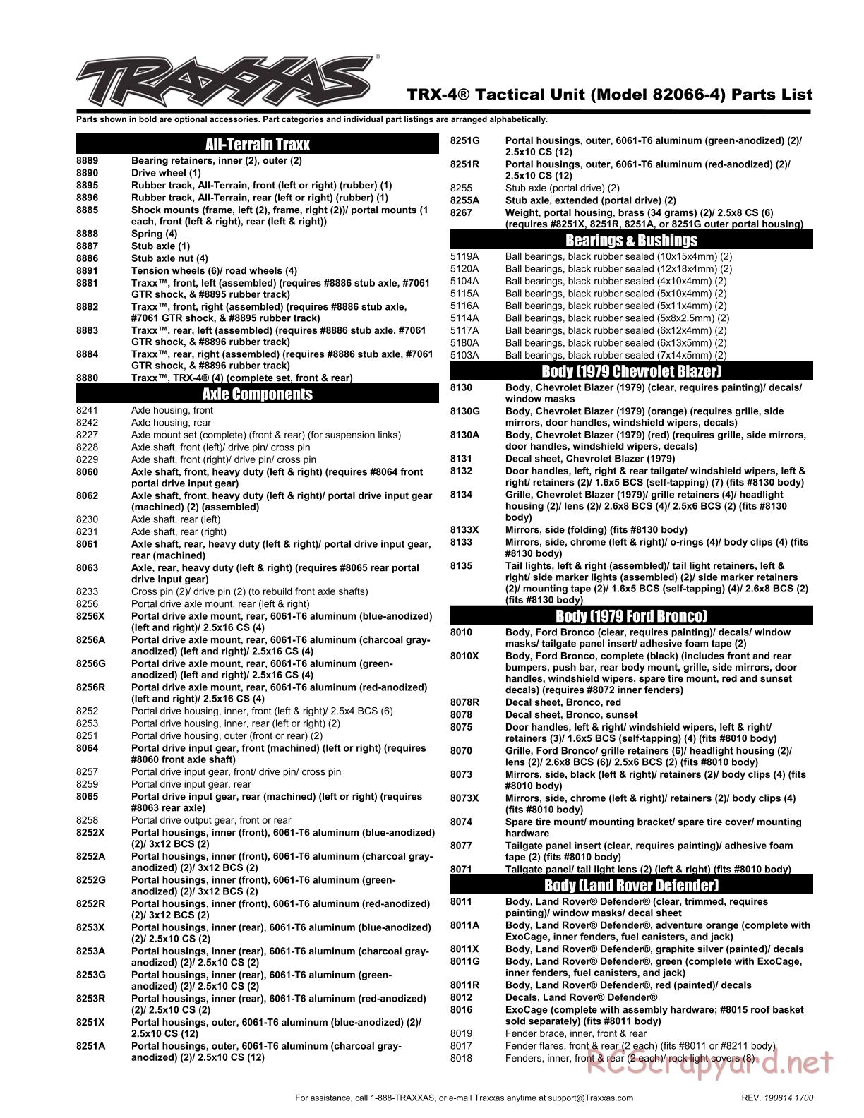 Traxxas - TRX-4 Tactical Unit (2018) - Parts List - Page 1