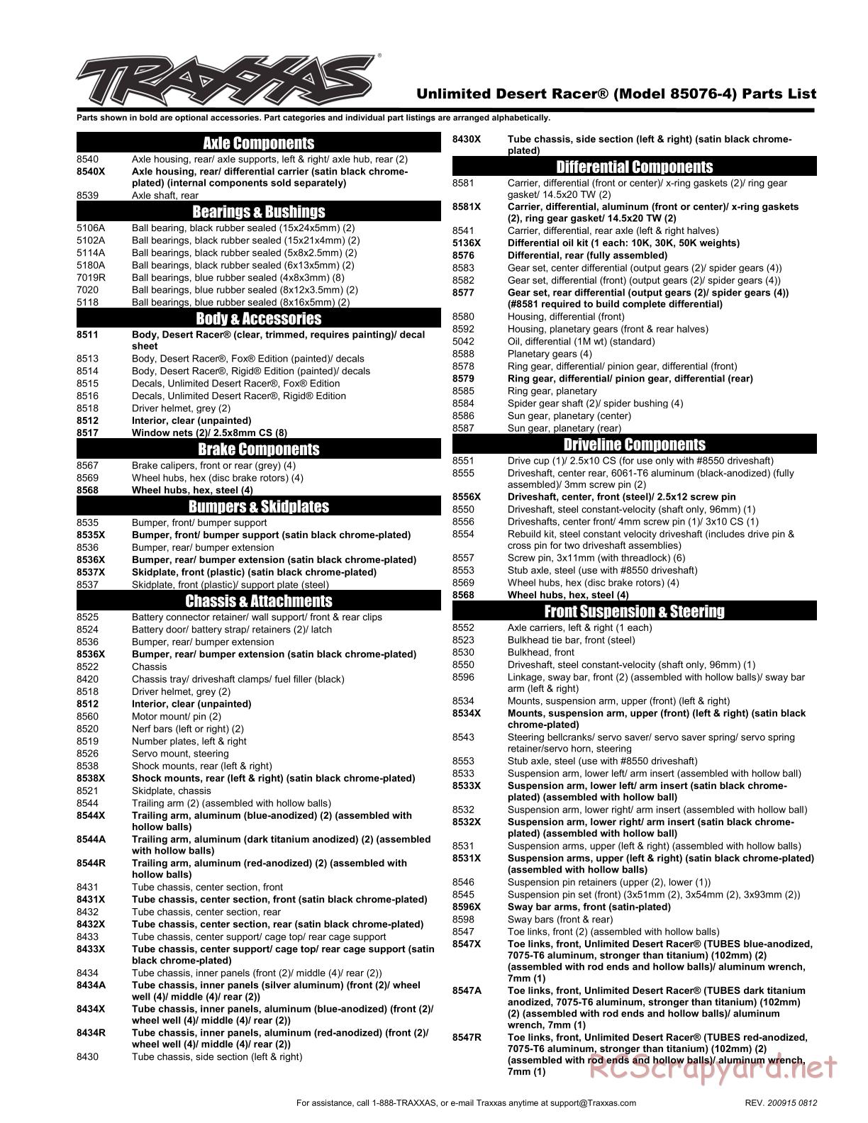 Traxxas - Unlimited Desert Racer VXL TSM (2018) - Parts List - Page 1