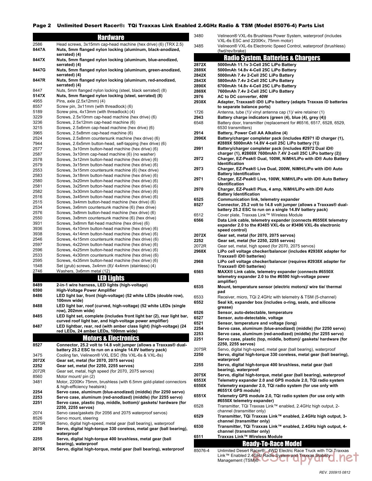 Traxxas - Unlimited Desert Racer VXL TSM (2018) - Parts List - Page 2