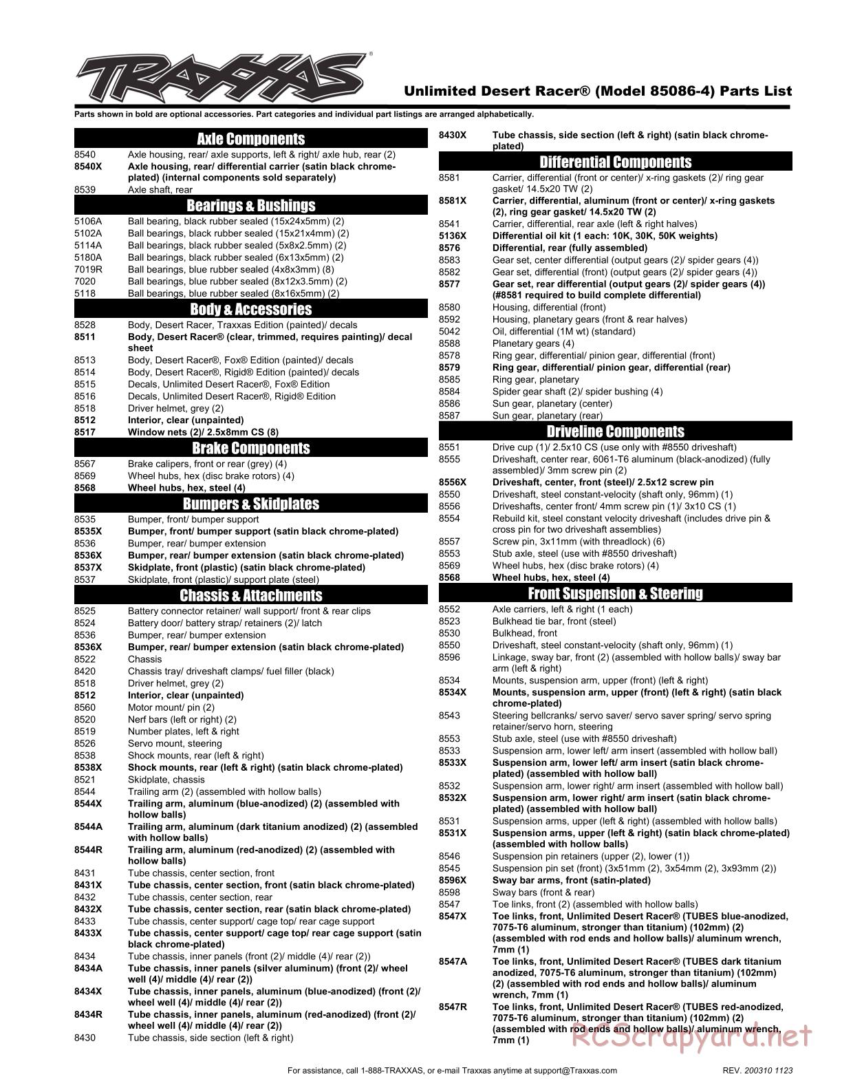 Traxxas - Unlimited Desert Racer VXL TSM - Parts List - Page 1