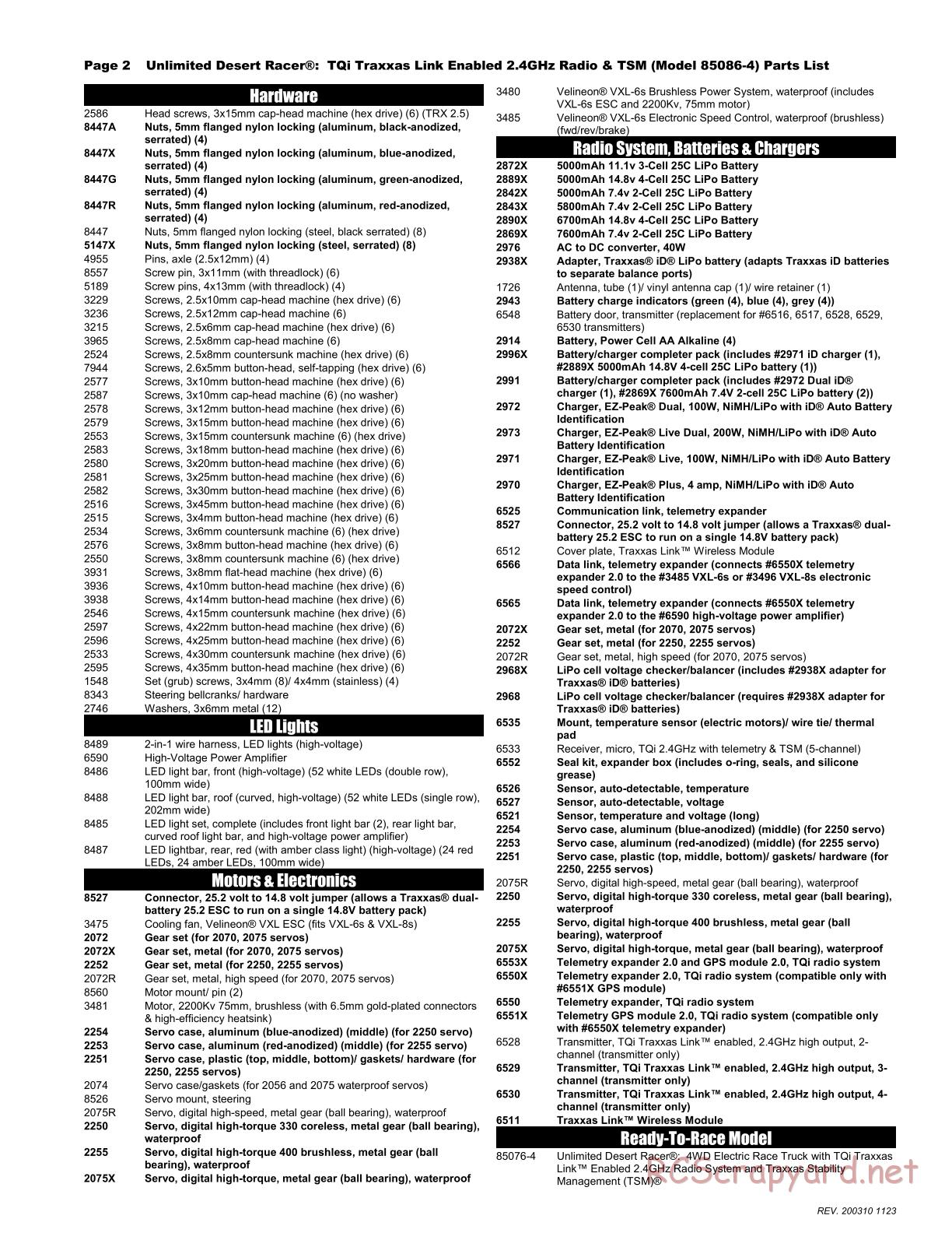 Traxxas - Unlimited Desert Racer VXL TSM - Parts List - Page 2
