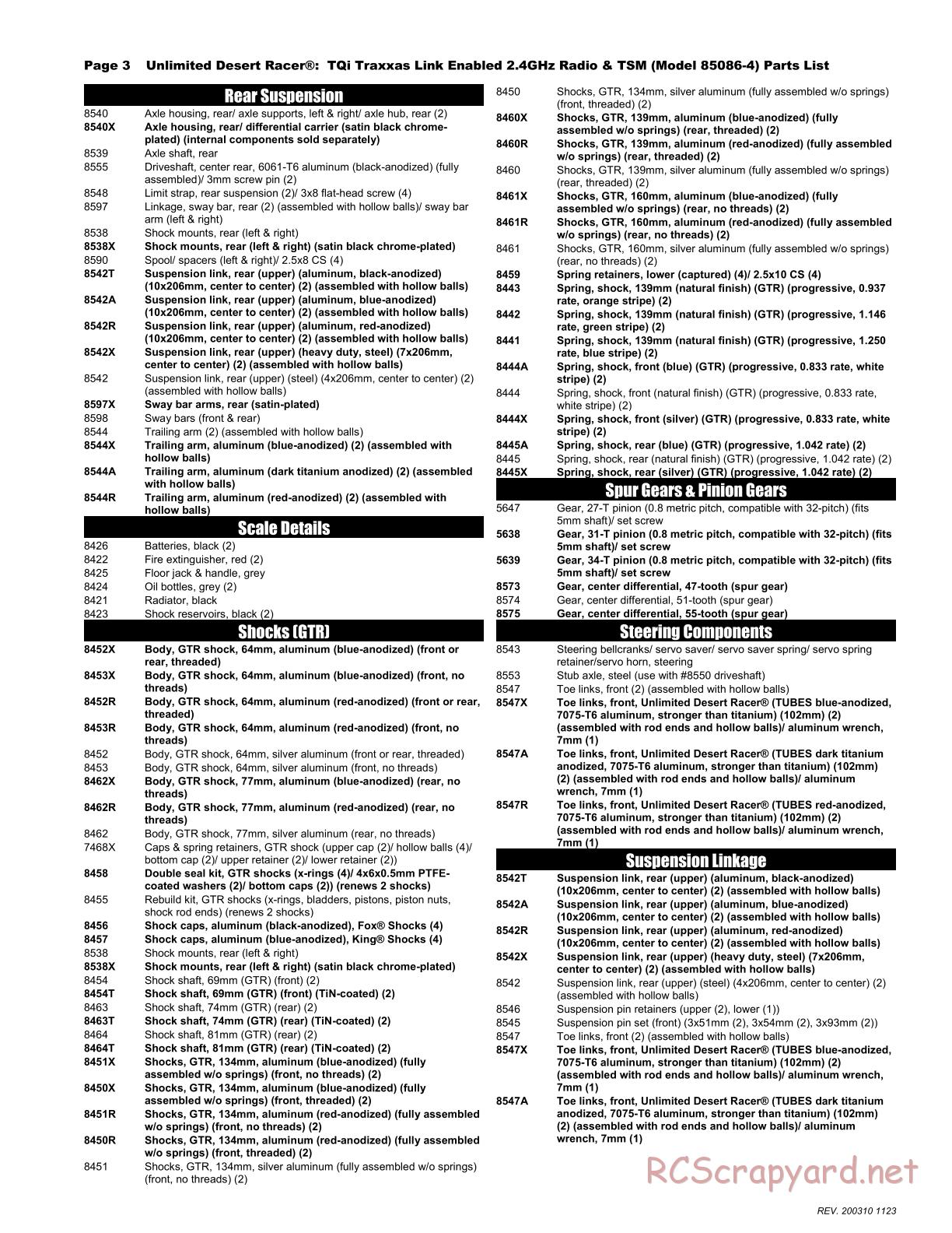 Traxxas - Unlimited Desert Racer VXL TSM - Parts List - Page 3