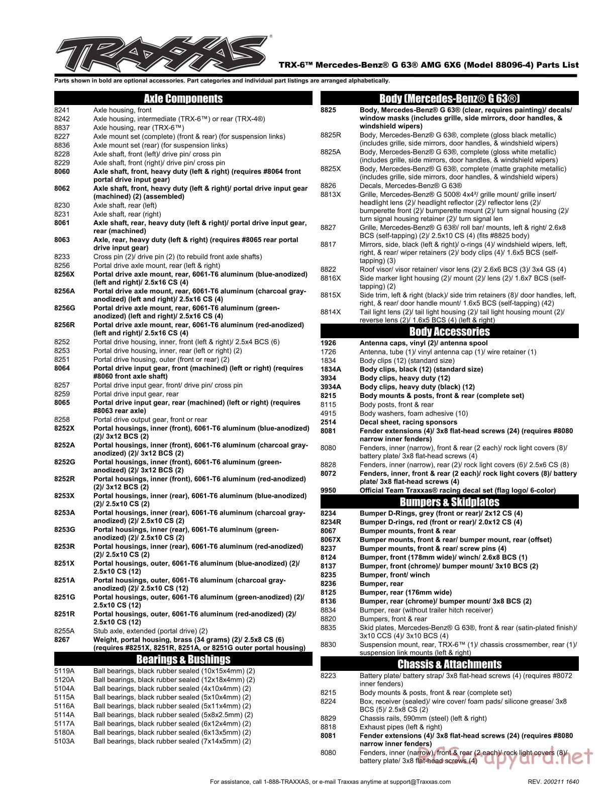 Traxxas - TRX-6 Mercedes-Benz G 63 AMG 6x6 - Parts List - Page 1