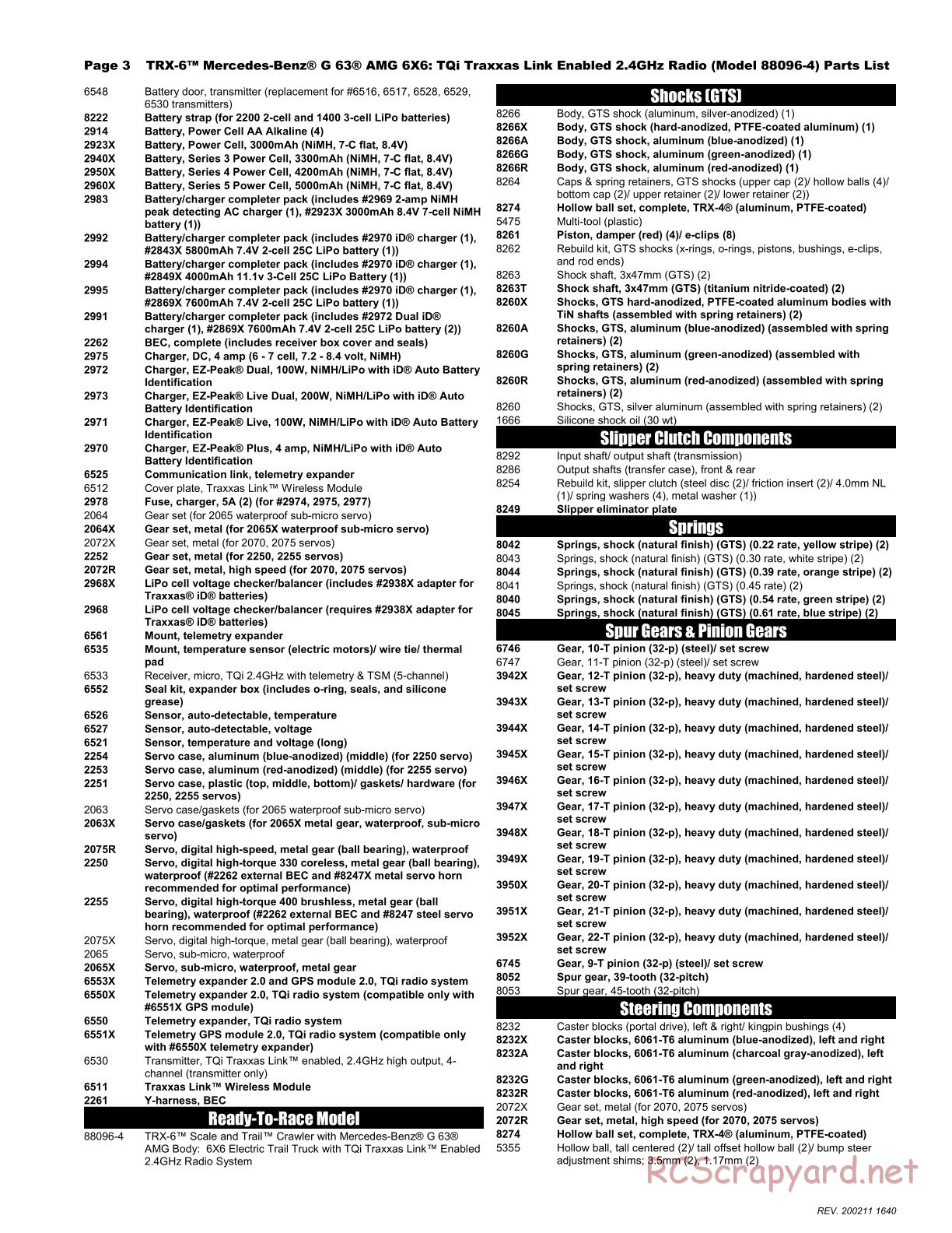 Traxxas - TRX-6 Mercedes-Benz G 63 AMG 6x6 - Parts List - Page 3