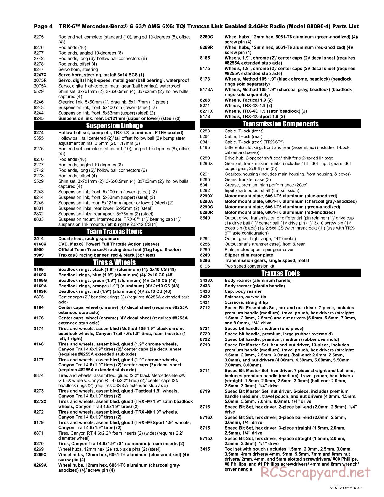 Traxxas - TRX-6 Mercedes-Benz G 63 AMG 6x6 - Parts List - Page 4