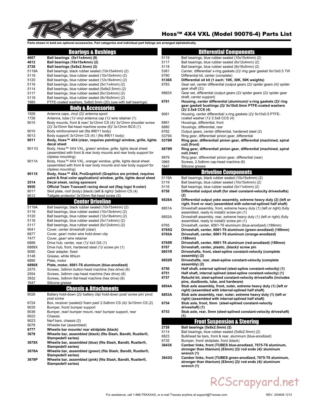 Traxxas - Hoss 4x4 VXL (2020) - Parts List - Page 1