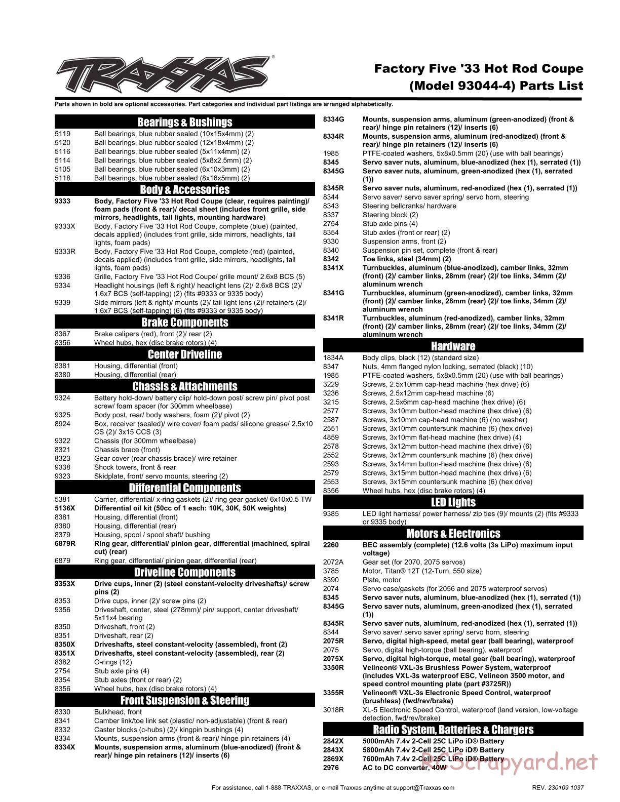 Traxxas - Hot Rod 1933 Coupe - Parts List - Page 1