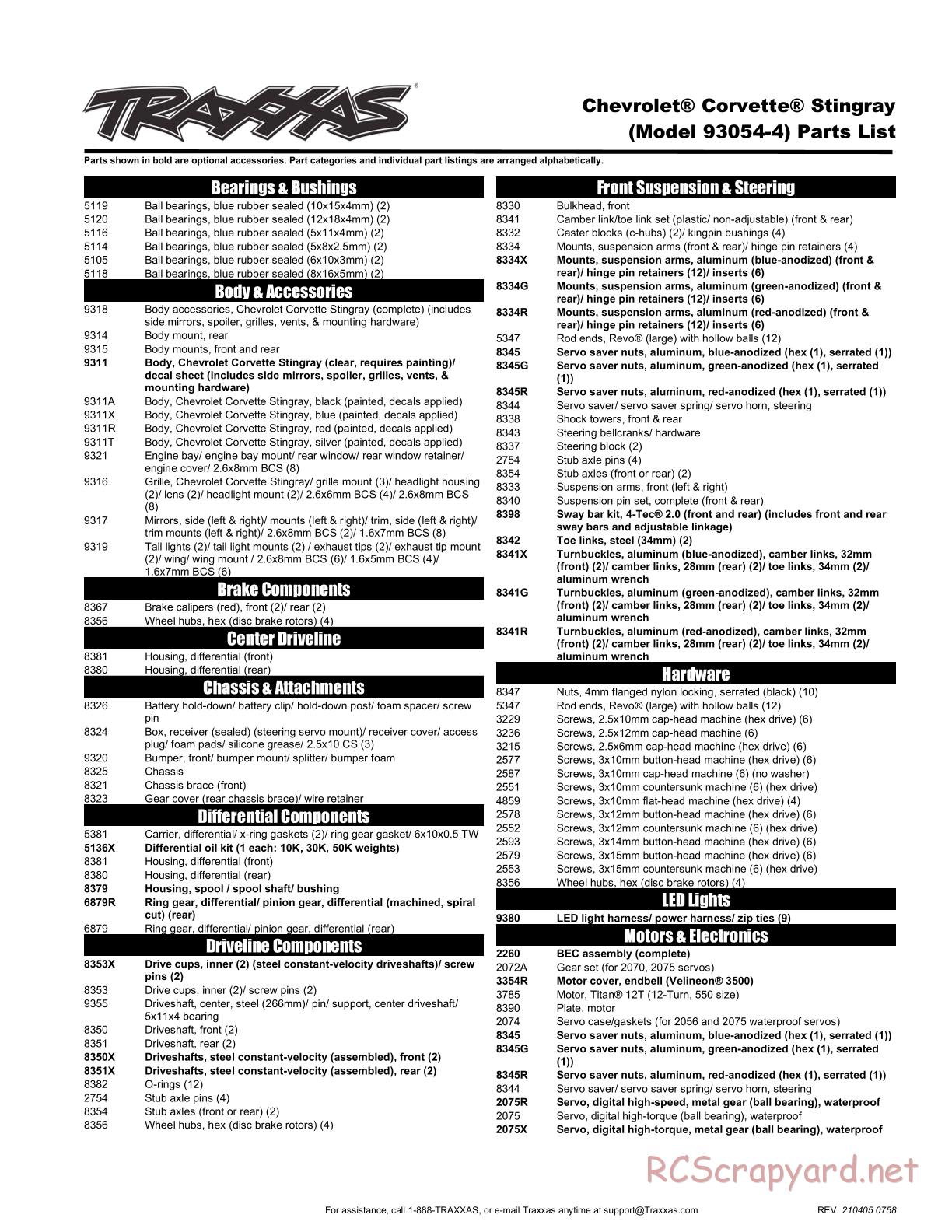 Traxxas - Corvette Stingray - Parts List - Page 1
