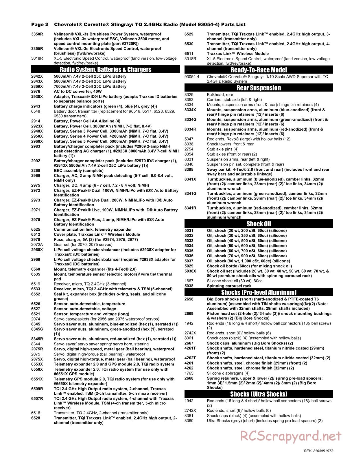 Traxxas - Corvette Stingray - Parts List - Page 2