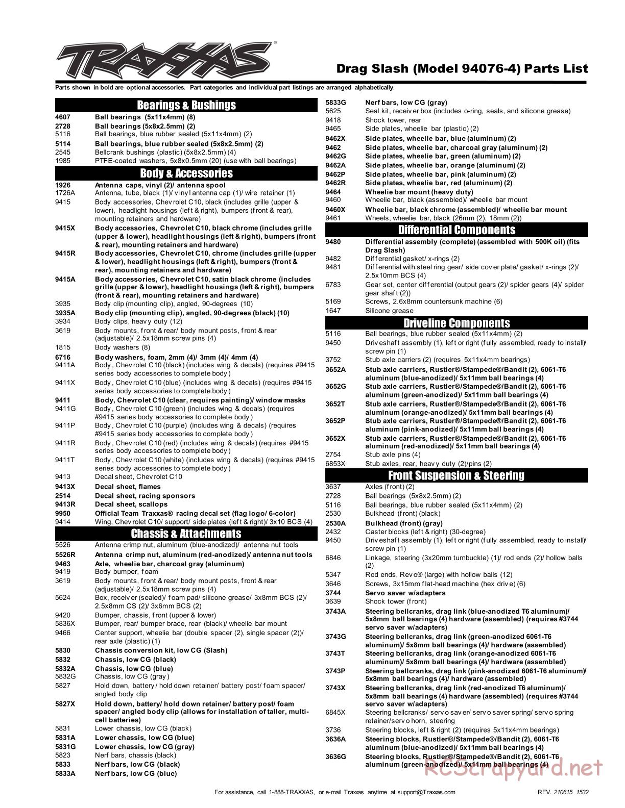 Traxxas - Drag Slash - Parts List - Page 1