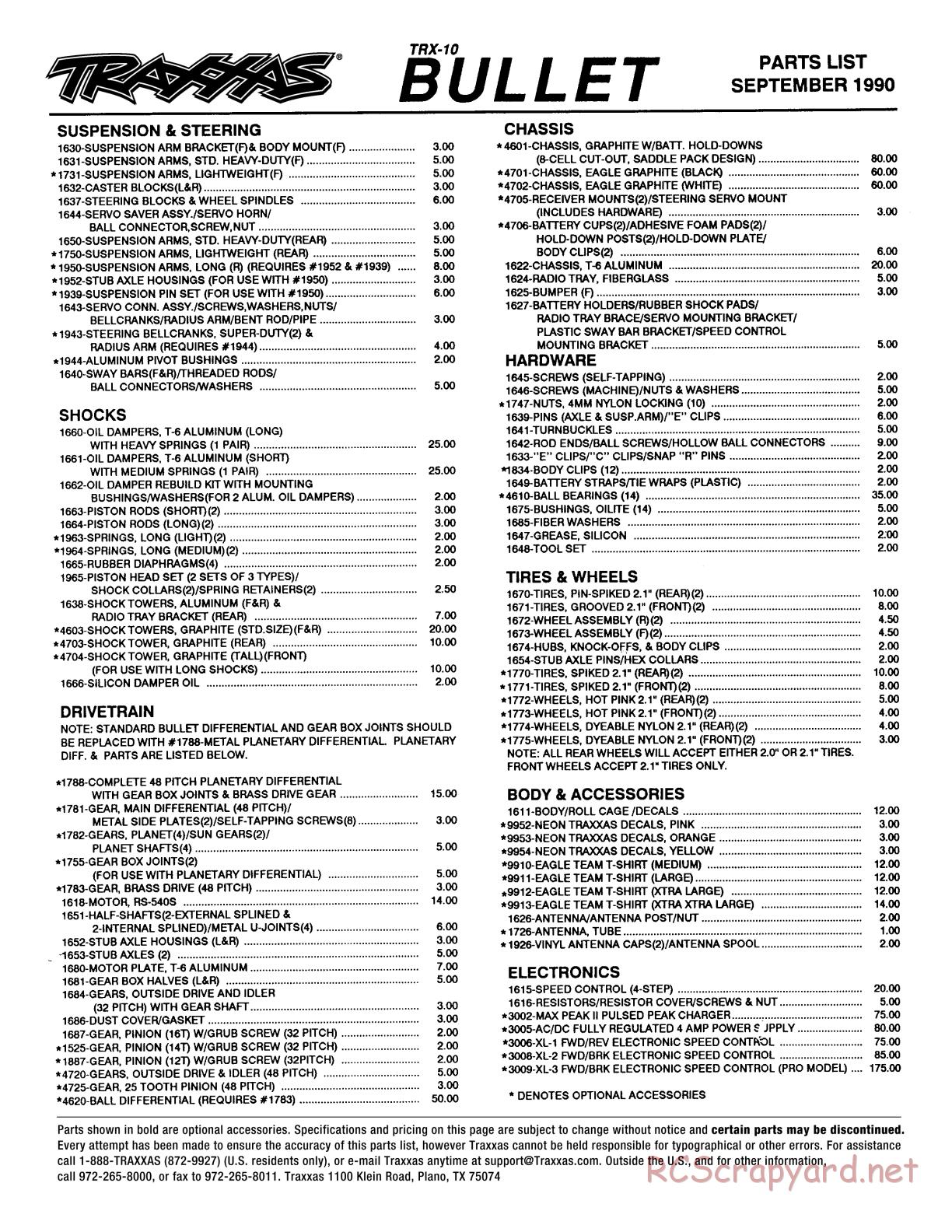 Traxxas - Bullet (TRX-10) (1988) - Parts List - Page 1