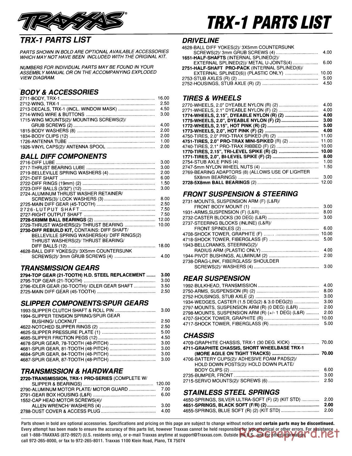 Traxxas - TRX-1 (1991) - Parts List - Page 1