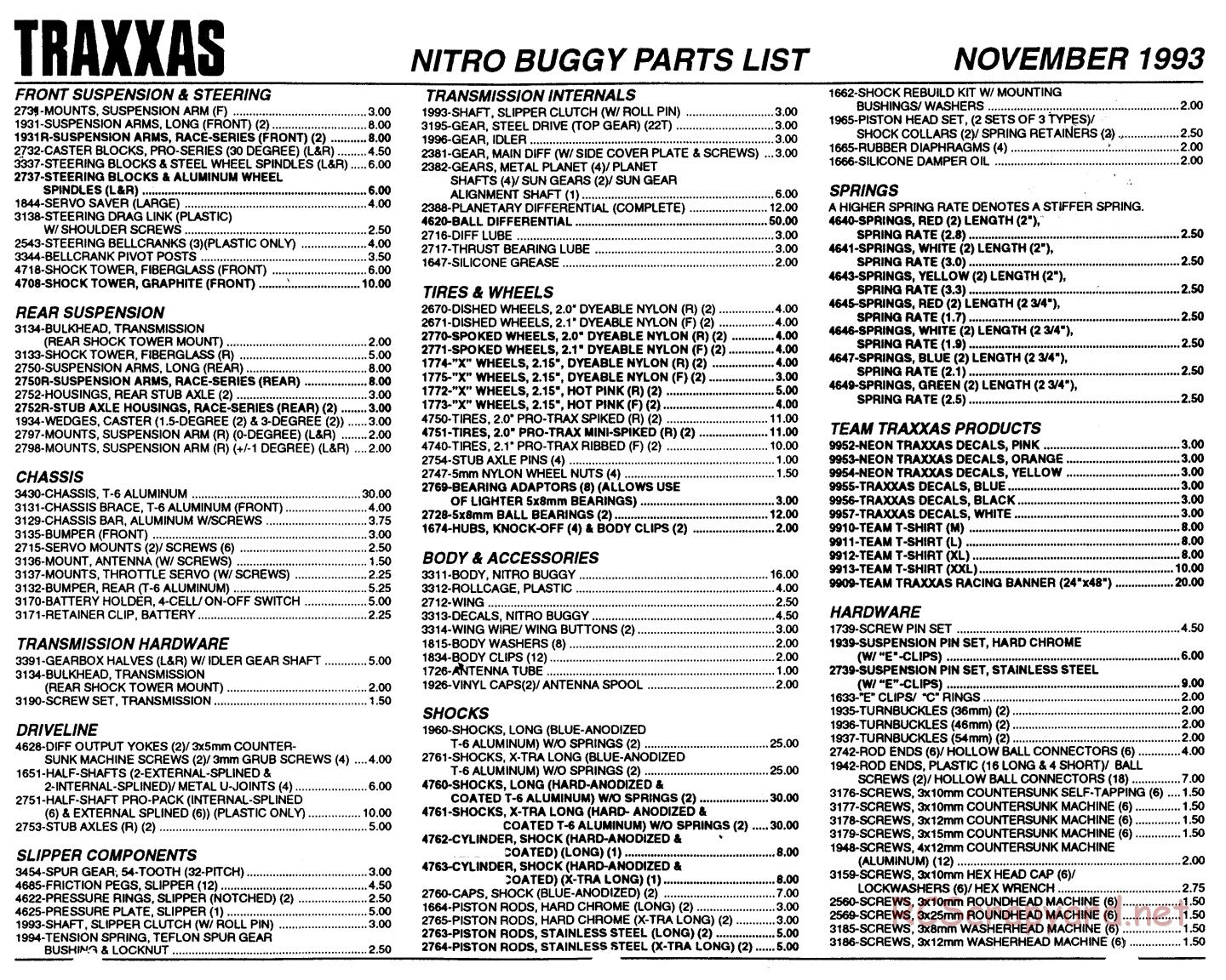 Traxxas - Nitro Buggy (1993) - Parts List - Page 1