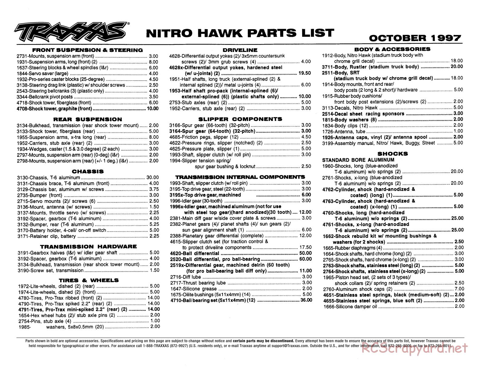 Traxxas - Nitro Hawk - Parts List - Page 1