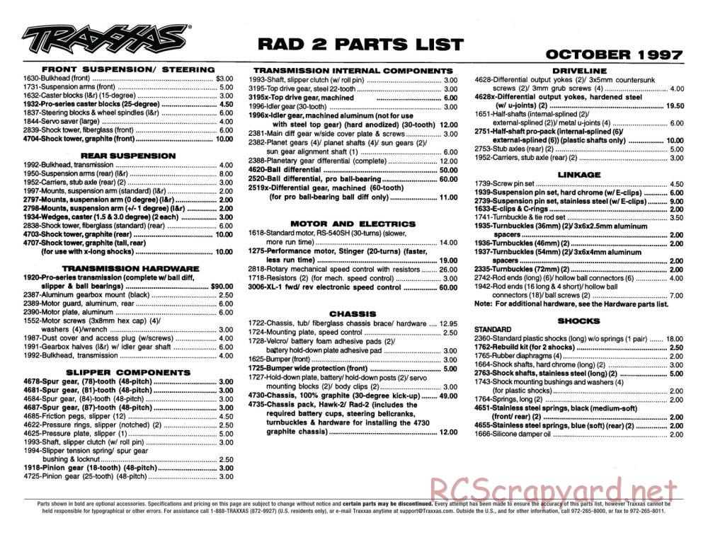 Traxxas - RAD-2 (1992) - Parts List - Page 1