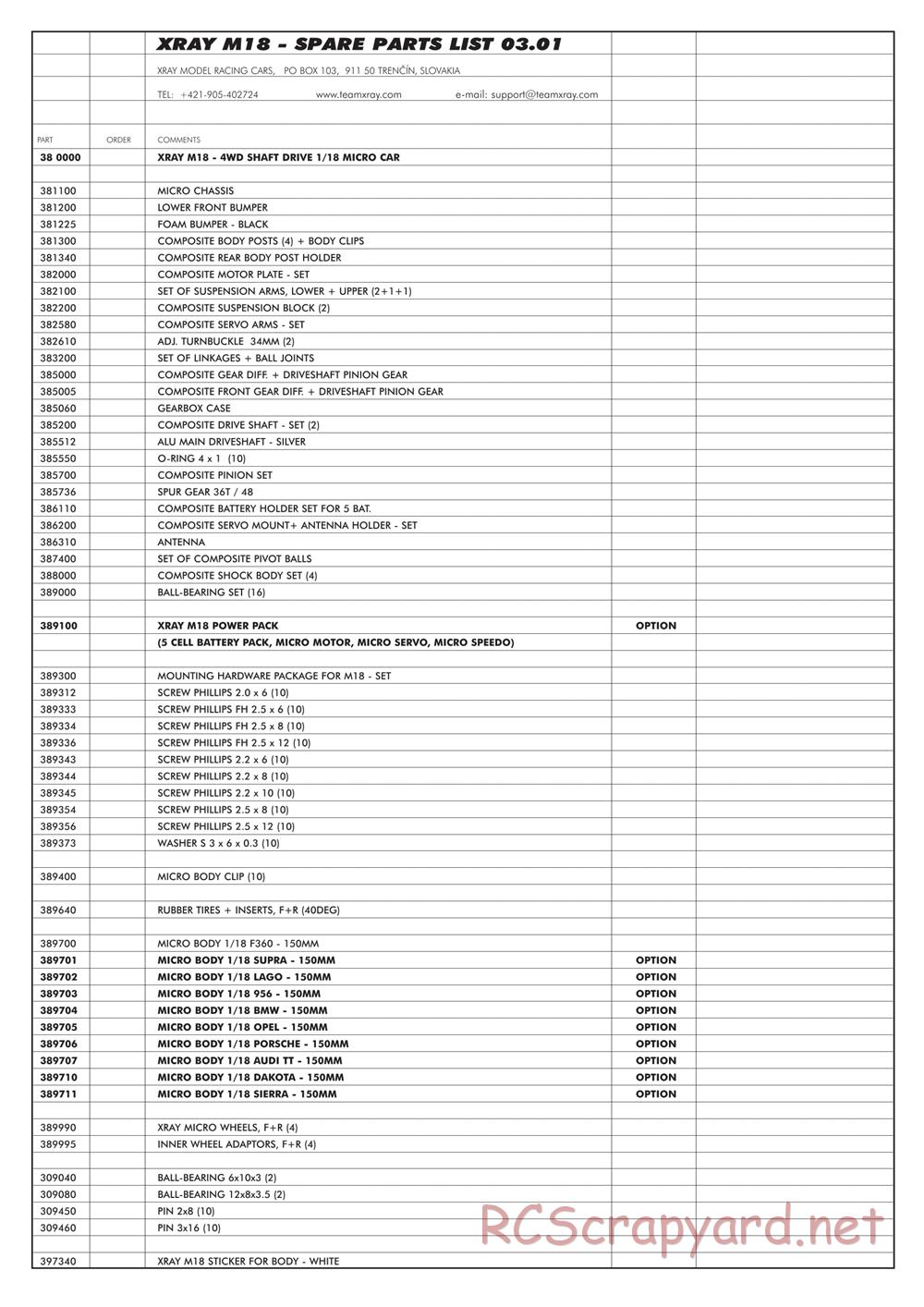 Xray - M18 - Parts List