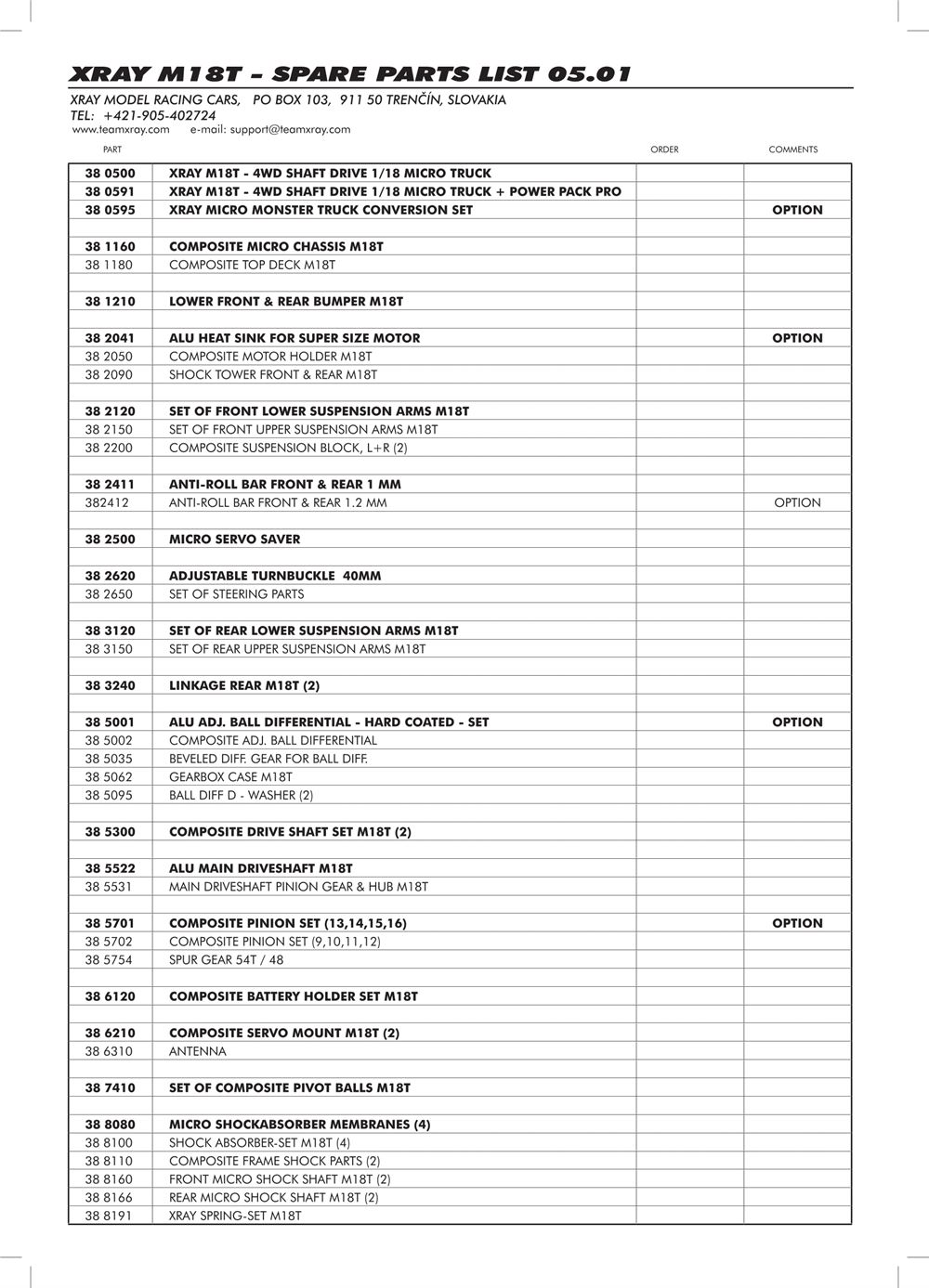 Xray - M18T - Parts List - Page 1
