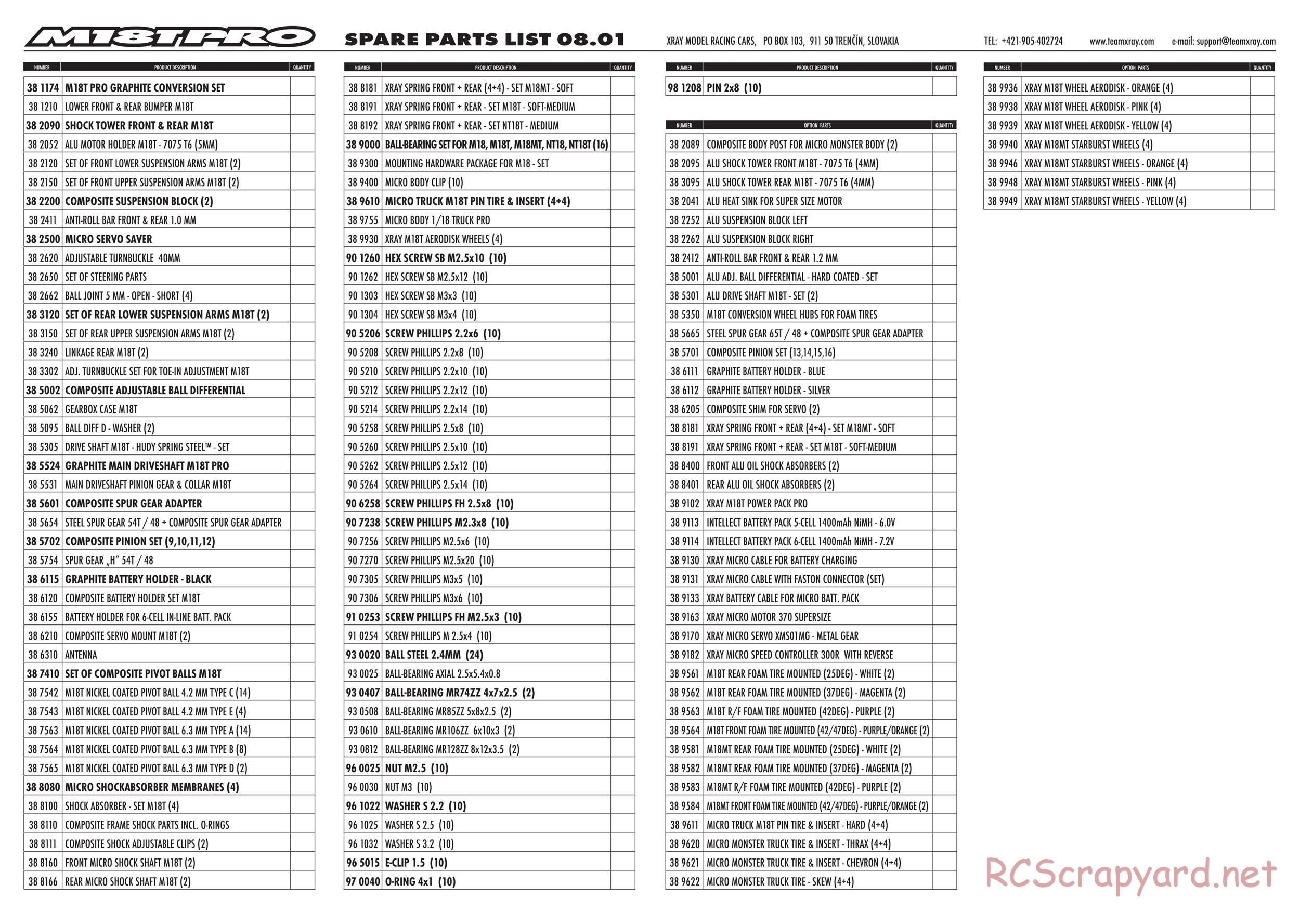 Xray - M18T Pro - Parts List