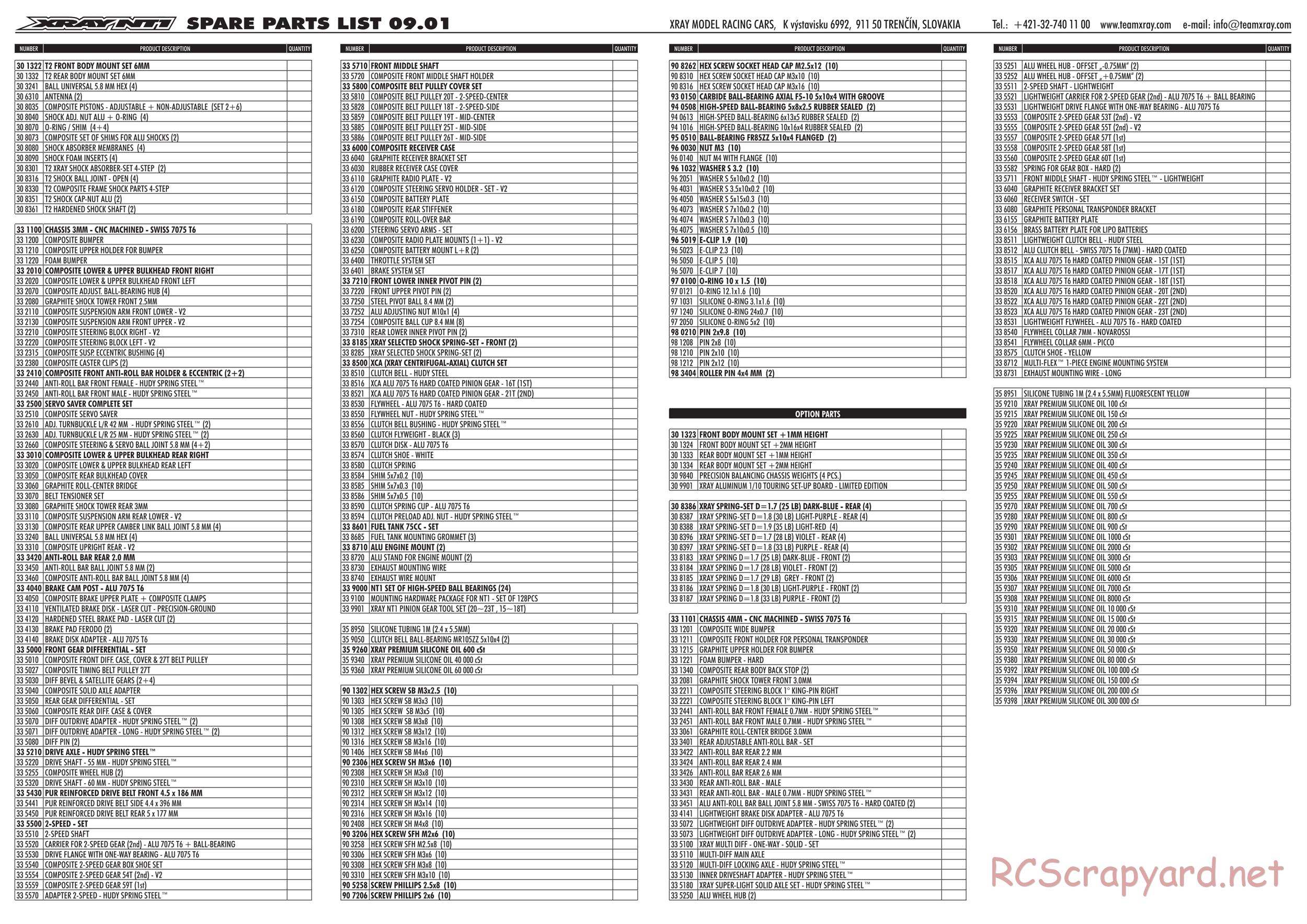 Xray - NT1 2009 Specs (NT1'09) - Parts List