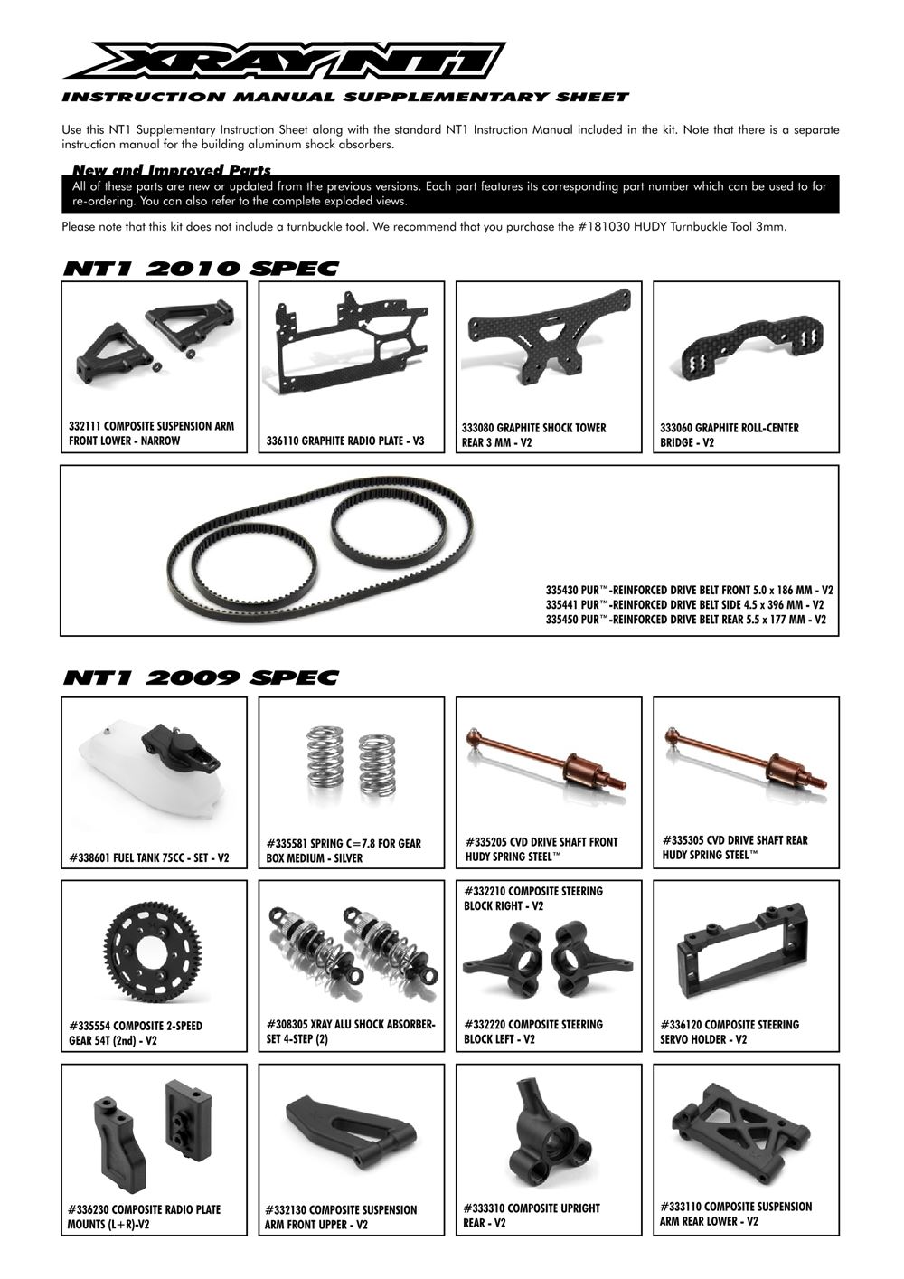 Xray - NT1 2010 Specs (NT1'10) - Supplementary Manual - Page 1