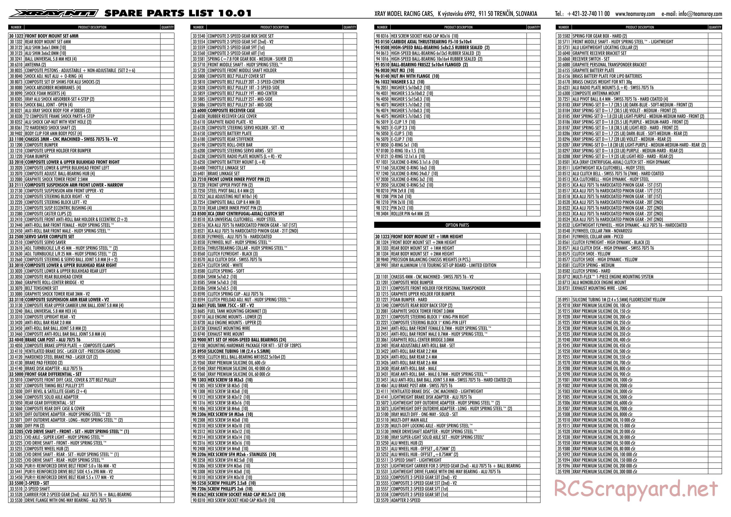 Xray - NT1 2010 Specs (NT1'10) - Parts List