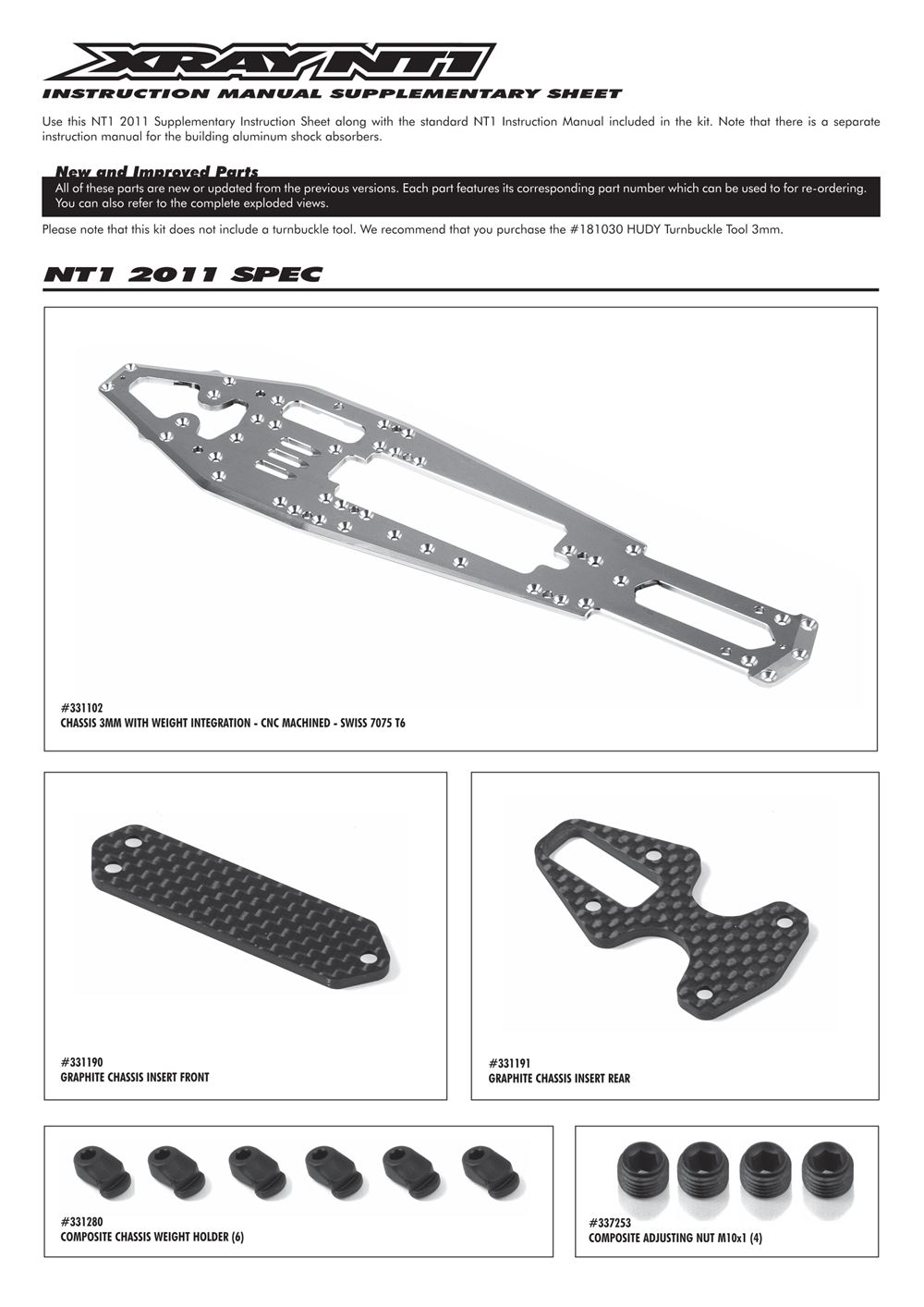 Xray - NT1 2011 Specs (NT1'11) - Supplementary Manual - Page 1
