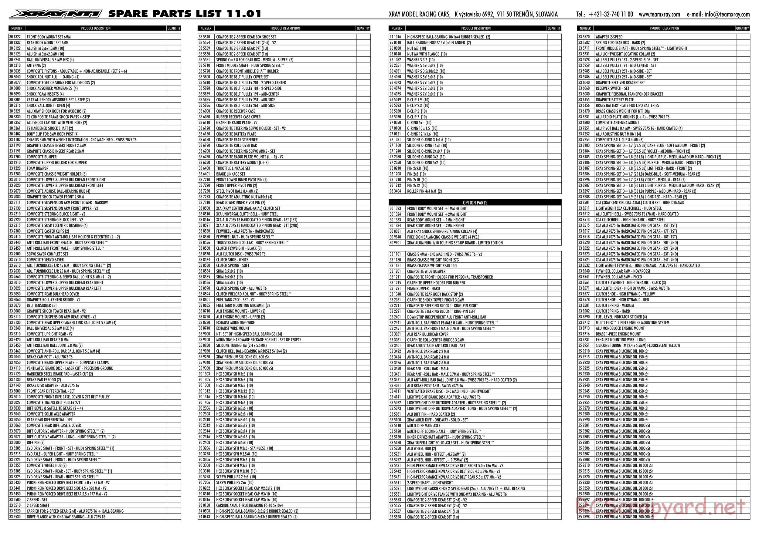 Xray - NT1 2011 Specs (NT1'11) - Parts List