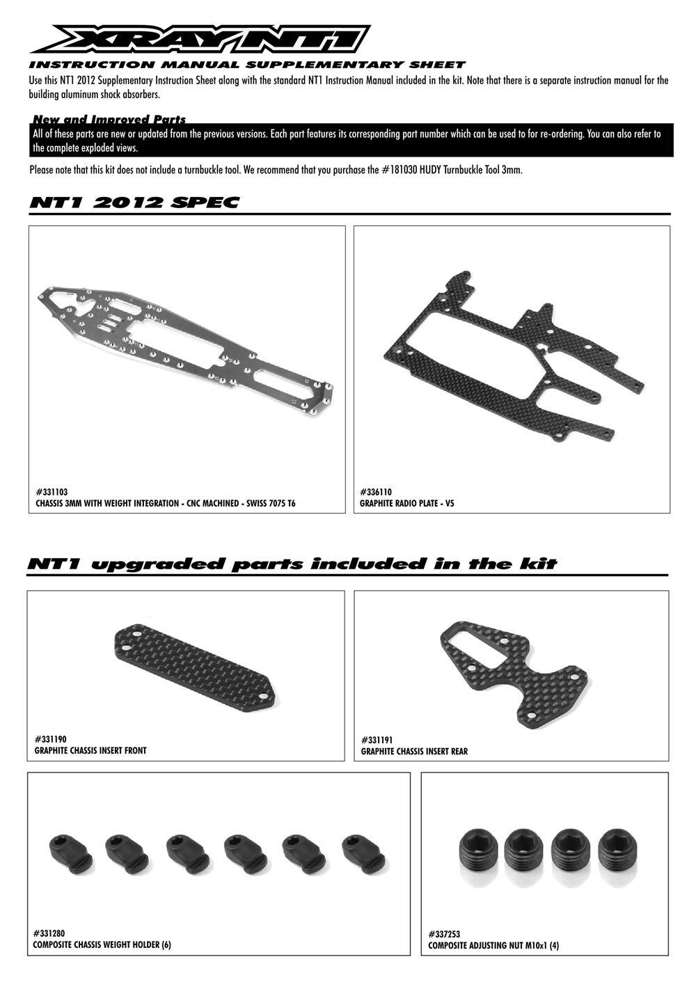 Xray - NT1 2012 Specs (NT1'12) - Supplementary Manual - Page 1
