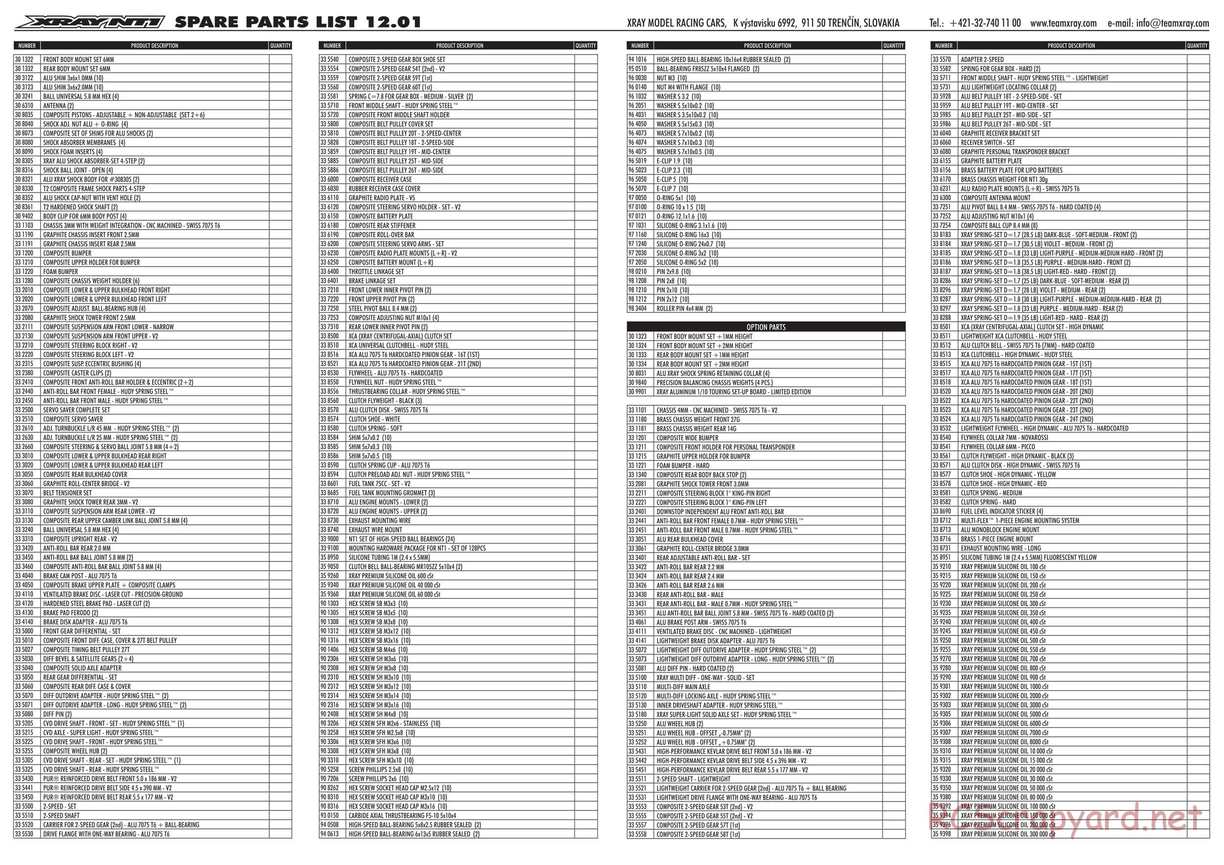 Xray - NT1 2012 Specs (NT1'12) - Parts List