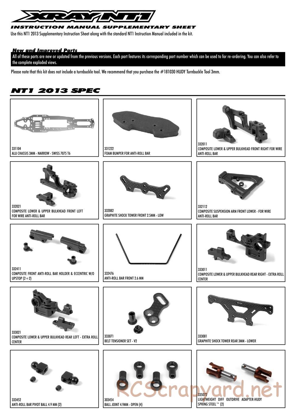 Xray - NT1 2013 Specs (NT1'13) - Supplementary Manual - Page 1