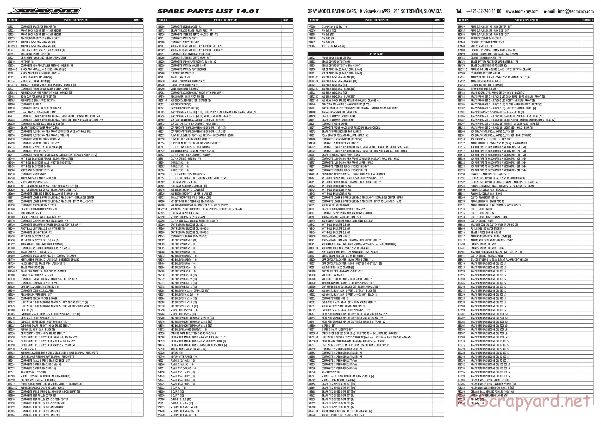 Xray - NT1 2014 Specs (NT1'14) - Parts List
