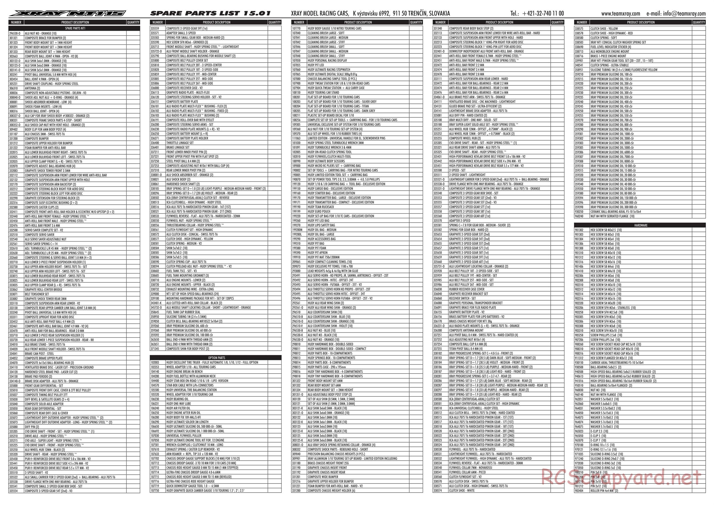 Xray - NT1 2015 Specs (NT1'15) - Parts List