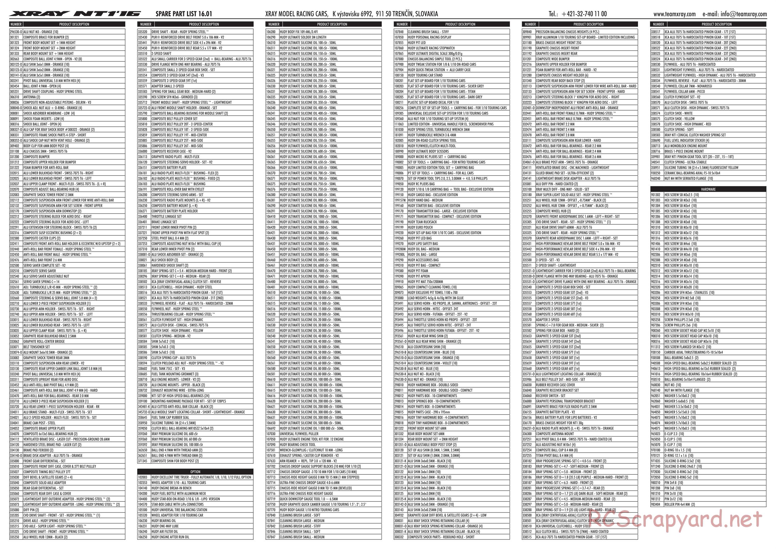Xray - NT1 2016 Specs (NT1'16) - Parts List