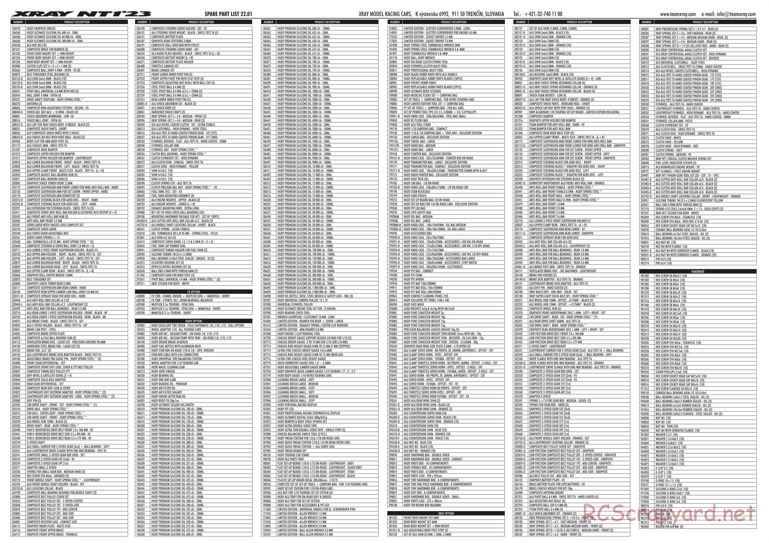 Xray - NT1 2023 Specs (NT1'23) - Parts List