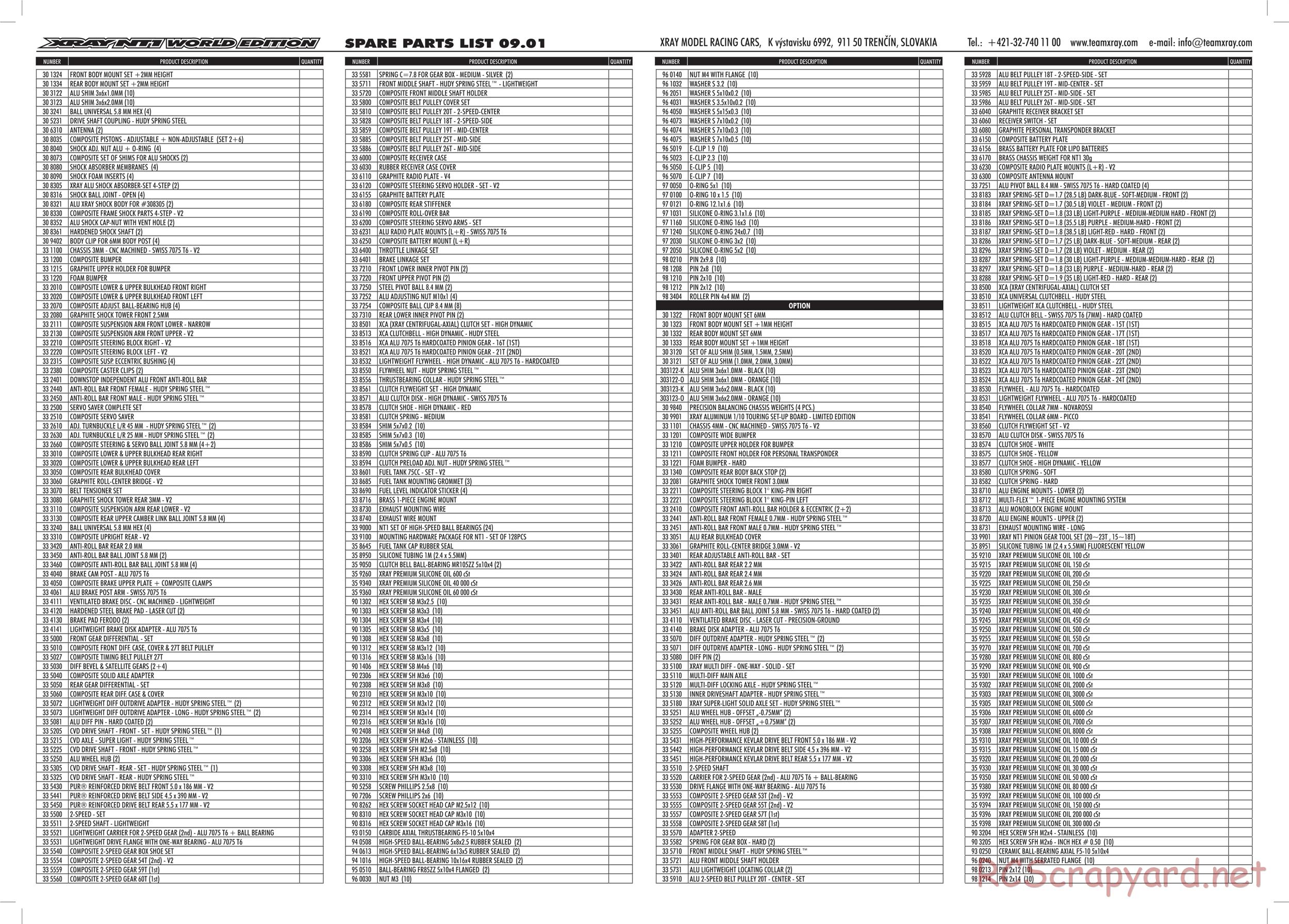 Xray - NT1 2010 Specs (NT1'10) WC LE - Parts List