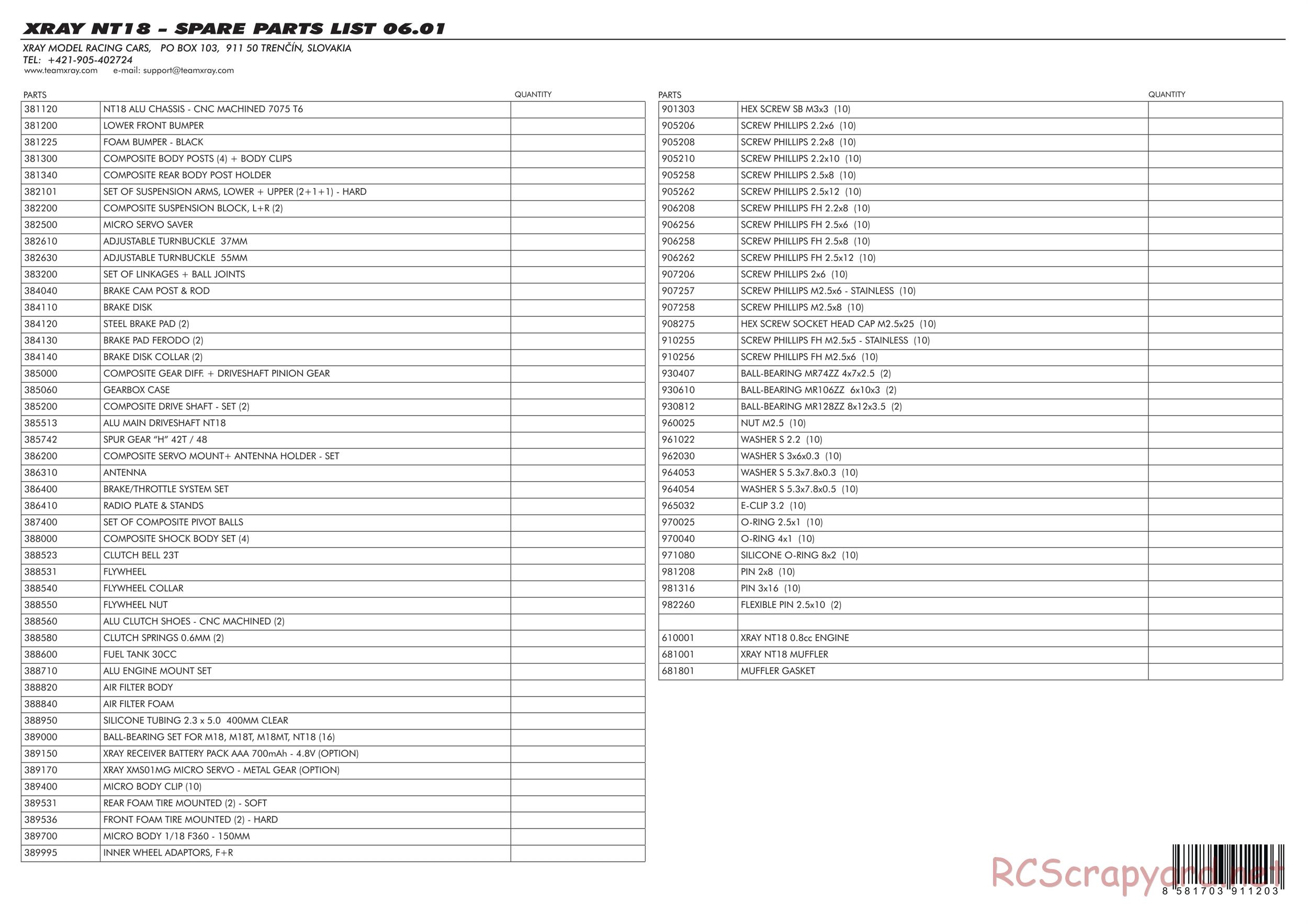 Xray - NT18 - Parts List