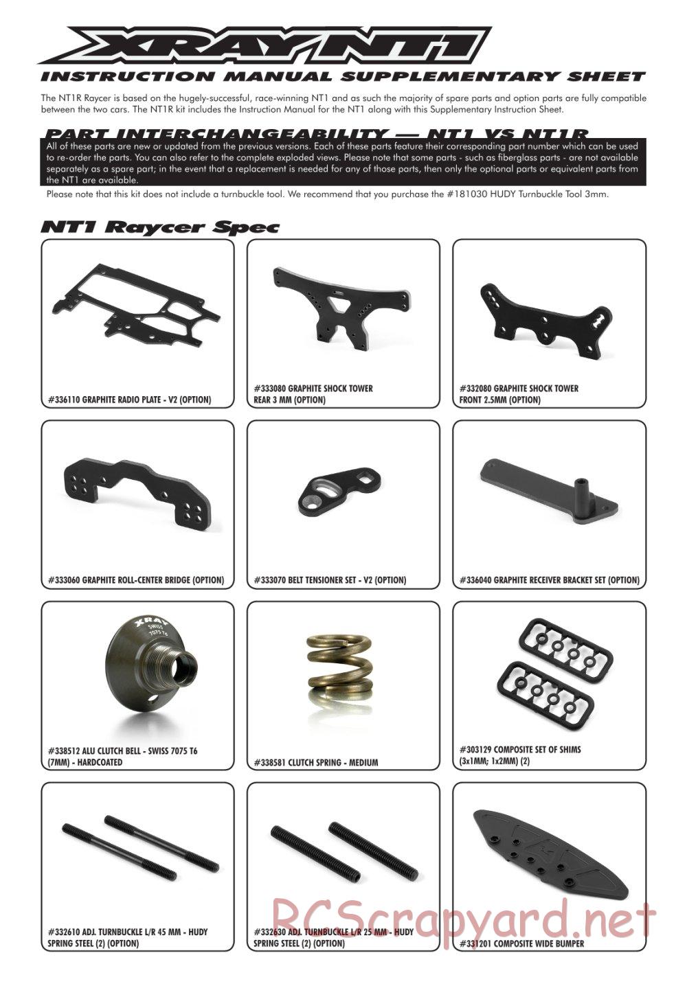 Xray - NT1R Rayser - Supplementary Manual - Page 1