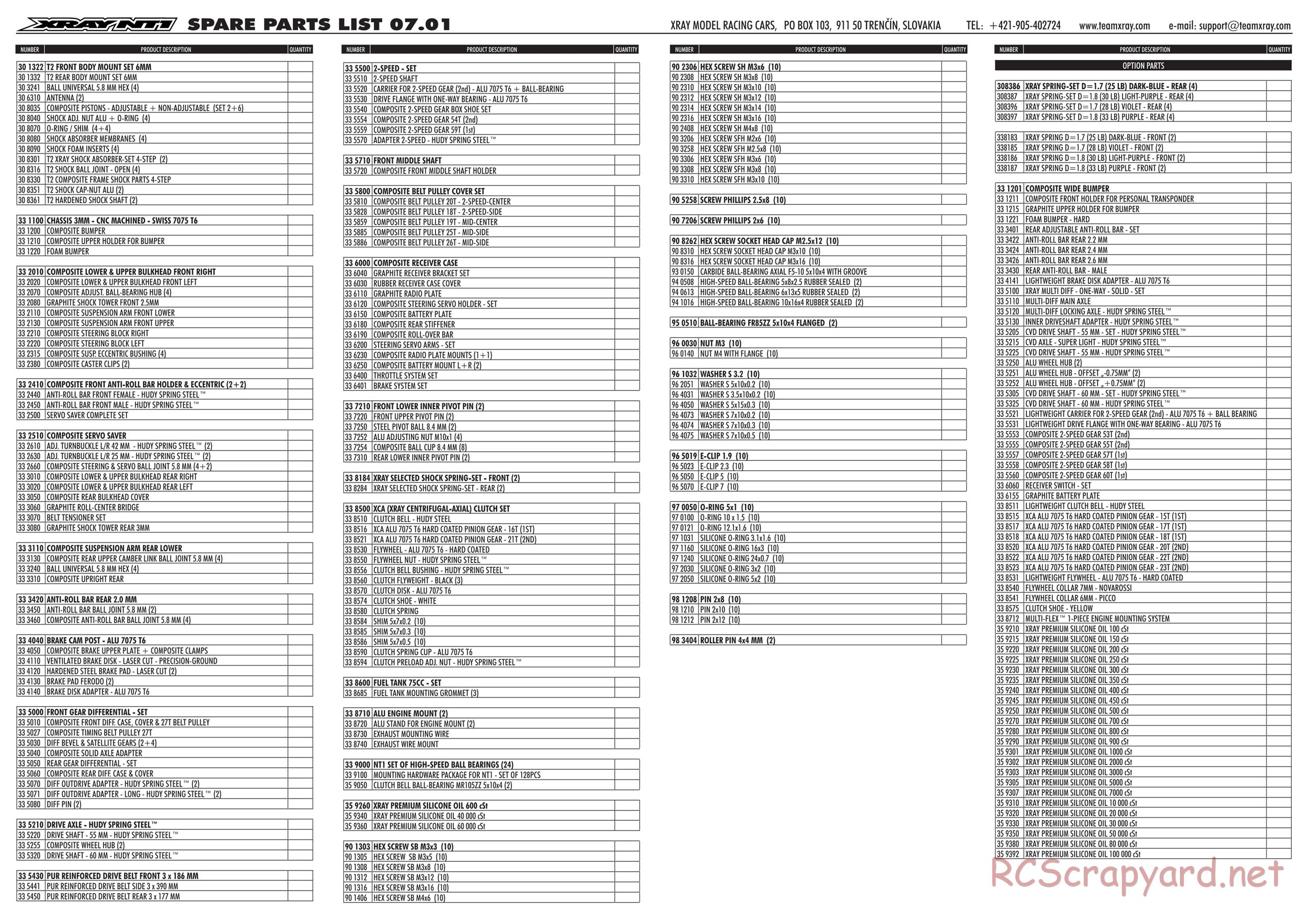 Xray - NT1R Rayser - Parts List